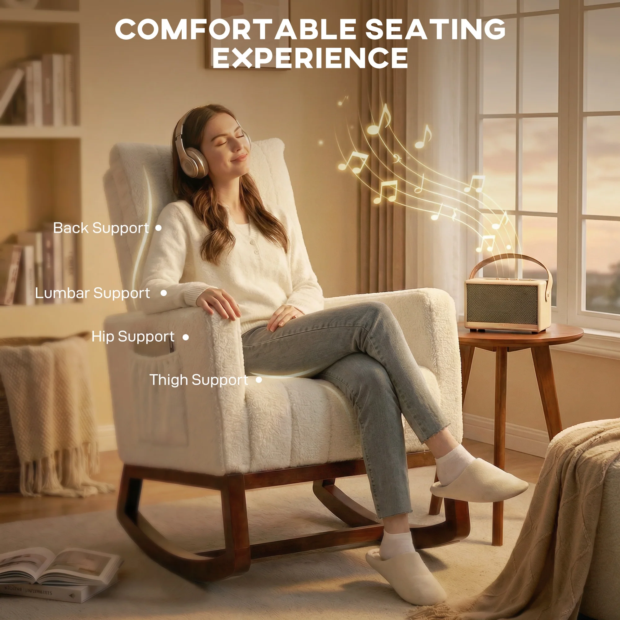 Rocking Chair for Adults, Snow Flannel Upholstered Accent Armchair with Lumbar Pillow, High Back, Wood Base, Side Pockets, Leisure Rocker Lounge Chair for Living Room, Bedroom, Cream White - Image 7