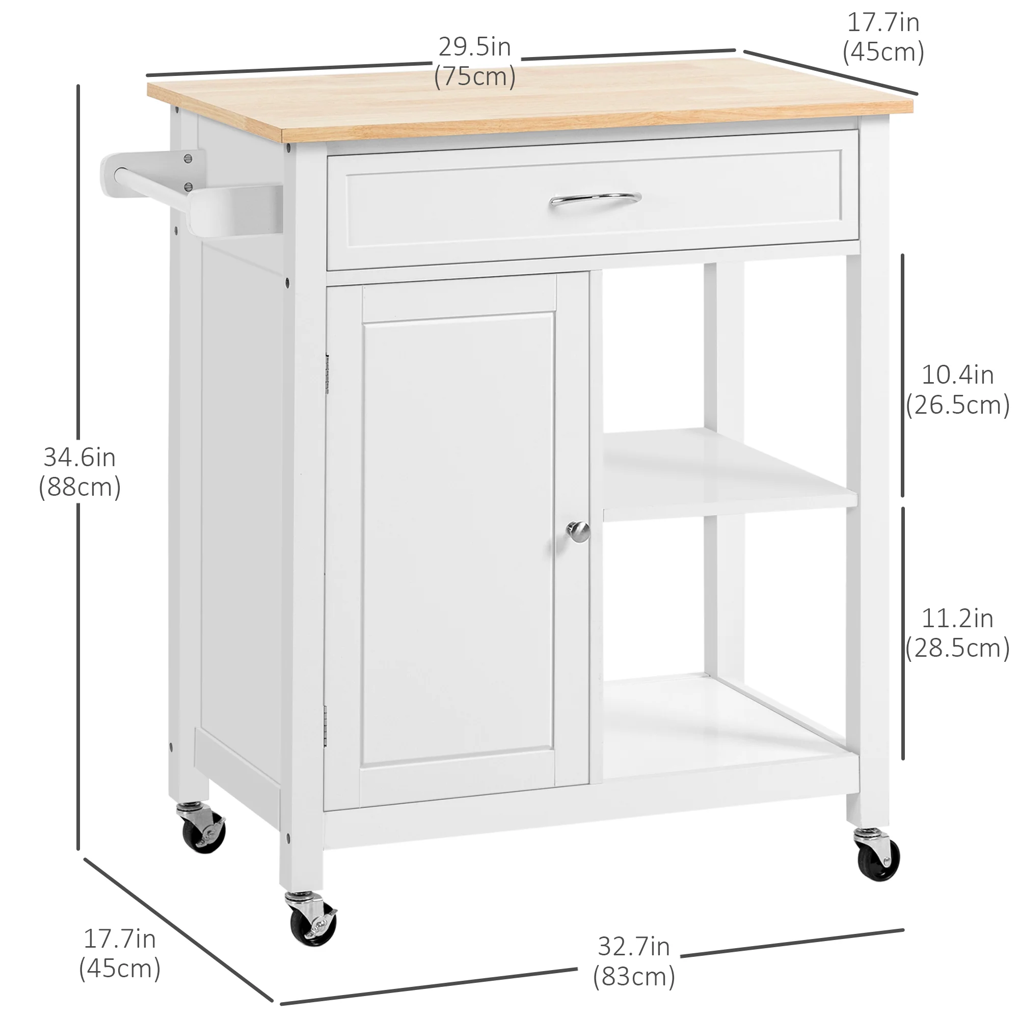 Rolling Kitchen Cart with Wood Top and Drawer, White - Image 5