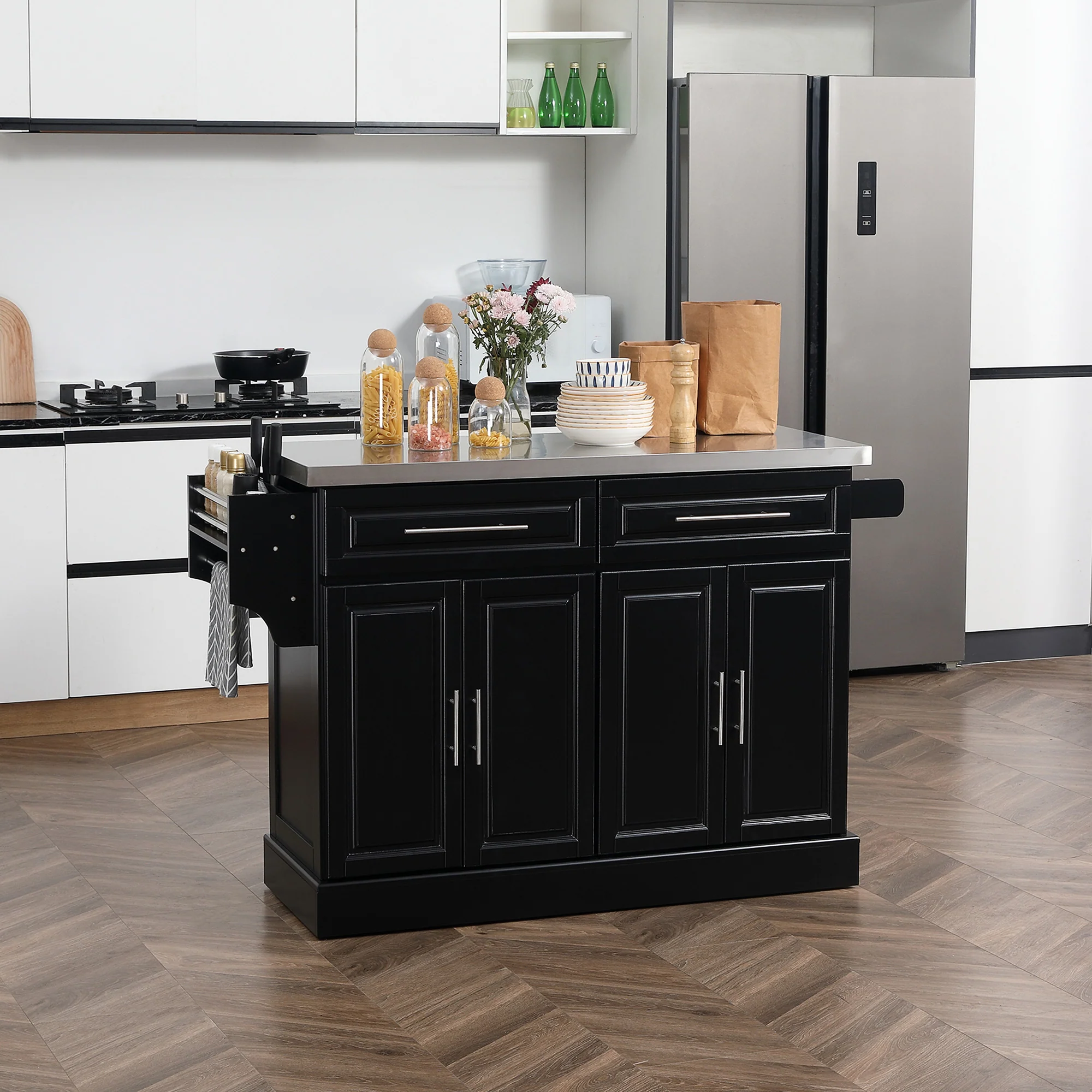 Rolling Kitchen Island with Storage Portable Cart with Stainless Steel Top 2 Drawers Black - Image 3