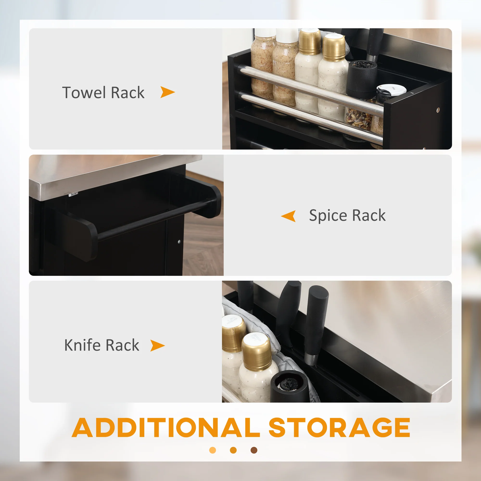 Rolling Kitchen Island with Storage Portable Cart with Stainless Steel Top 2 Drawers Black - Image 9