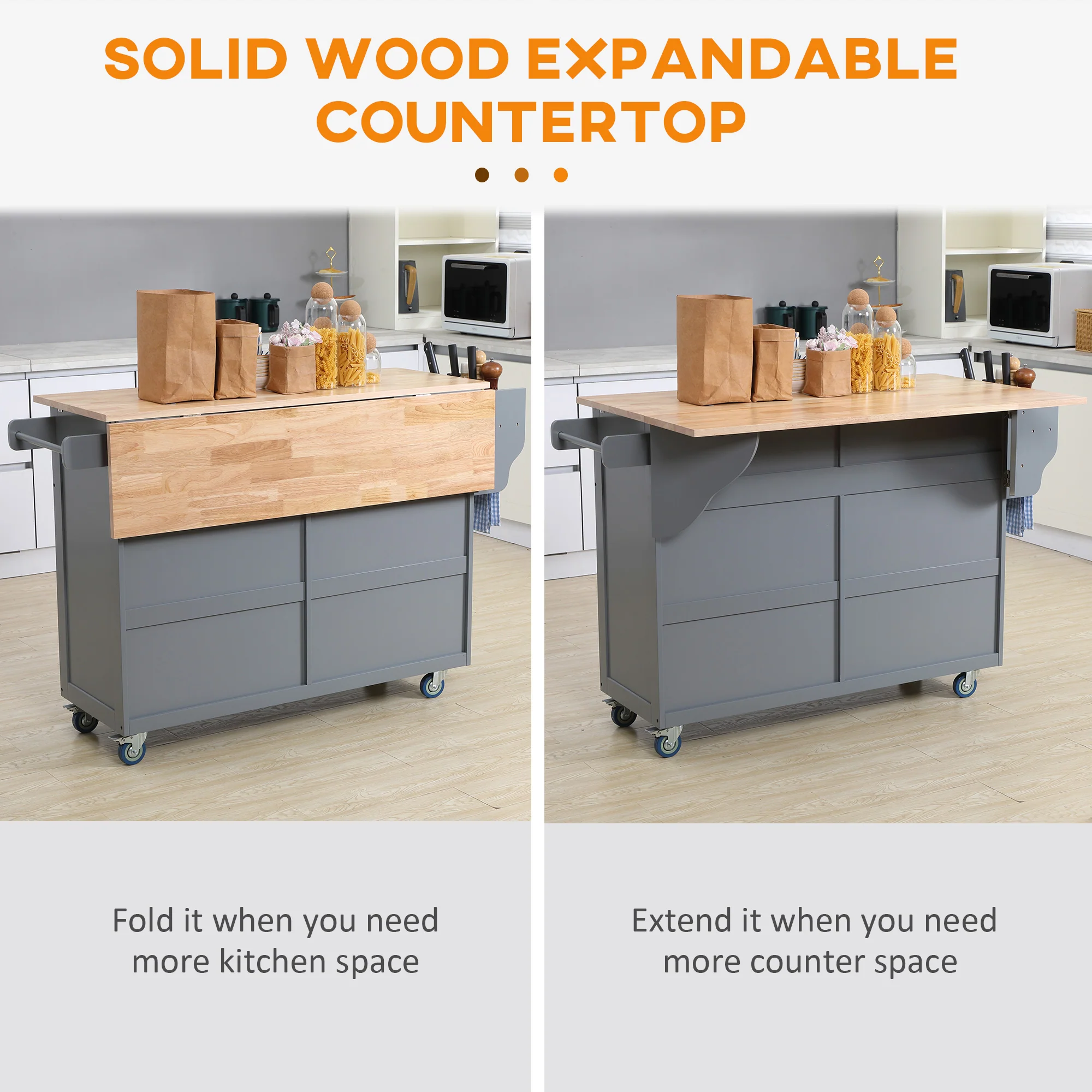 Rolling Kitchen Island, Drop Leaf Kitchen Cart on Wheels with Storage Drawers, Dark Gray - Image 6