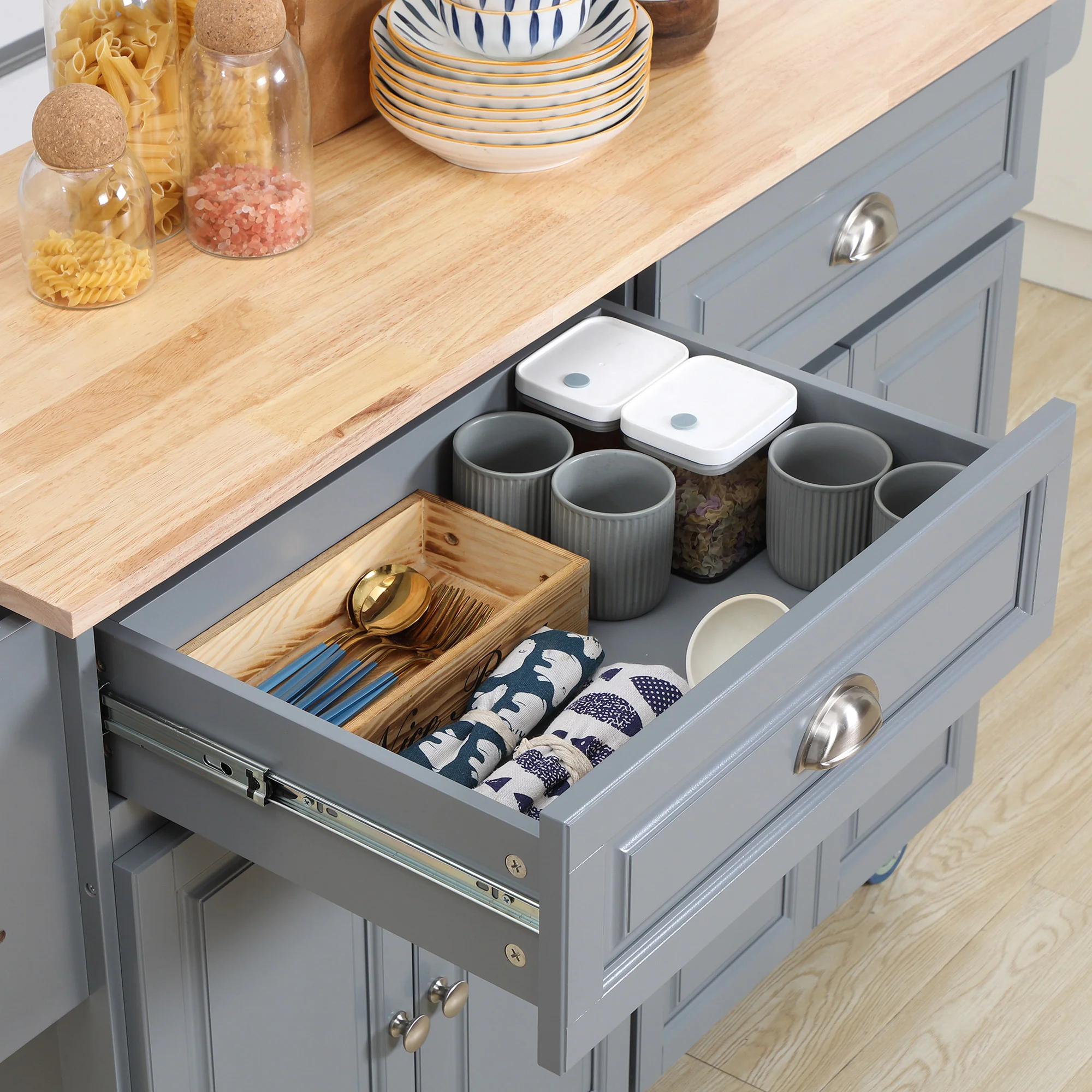 Rolling Kitchen Island, Drop Leaf Kitchen Cart on Wheels with Storage Drawers, Dark Gray - Image 9