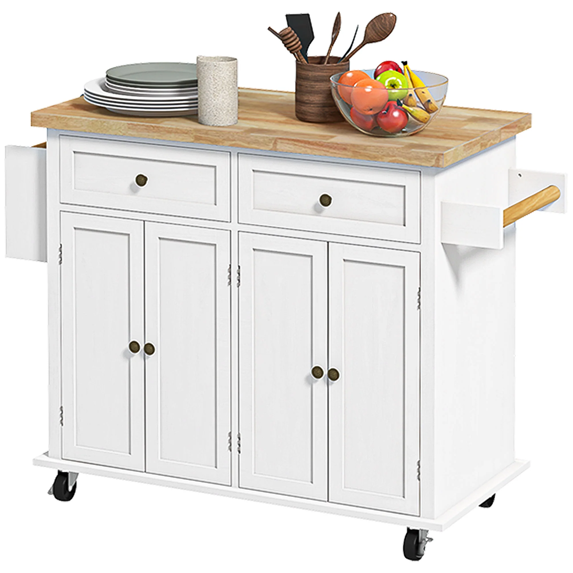 GlideSpace Rolling Kitchen Island Storage Trolley with Rubber Wood Top for Dining Room, White - Image 2