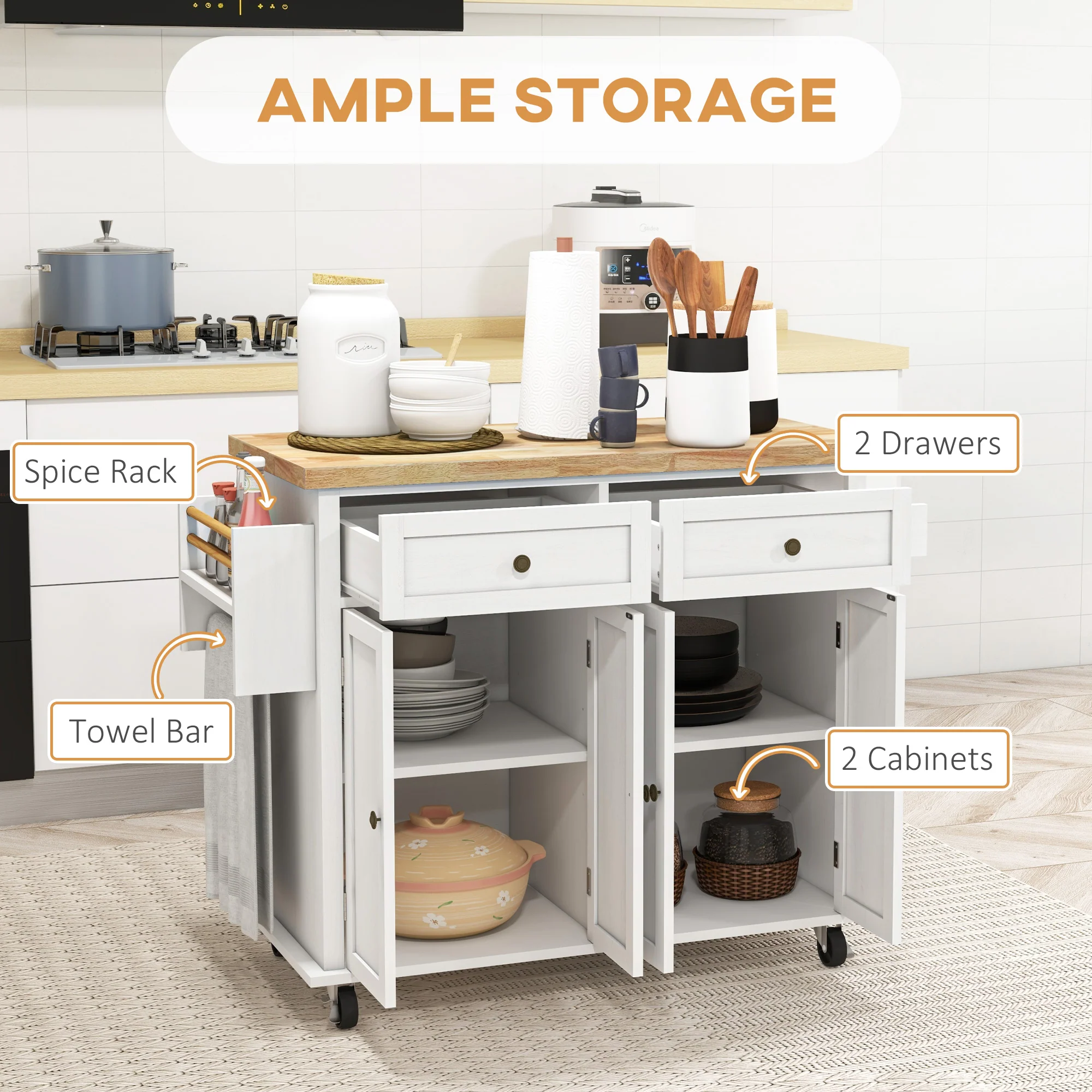 GlideSpace Rolling Kitchen Island Storage Trolley with Rubber Wood Top for Dining Room, White - Image 6
