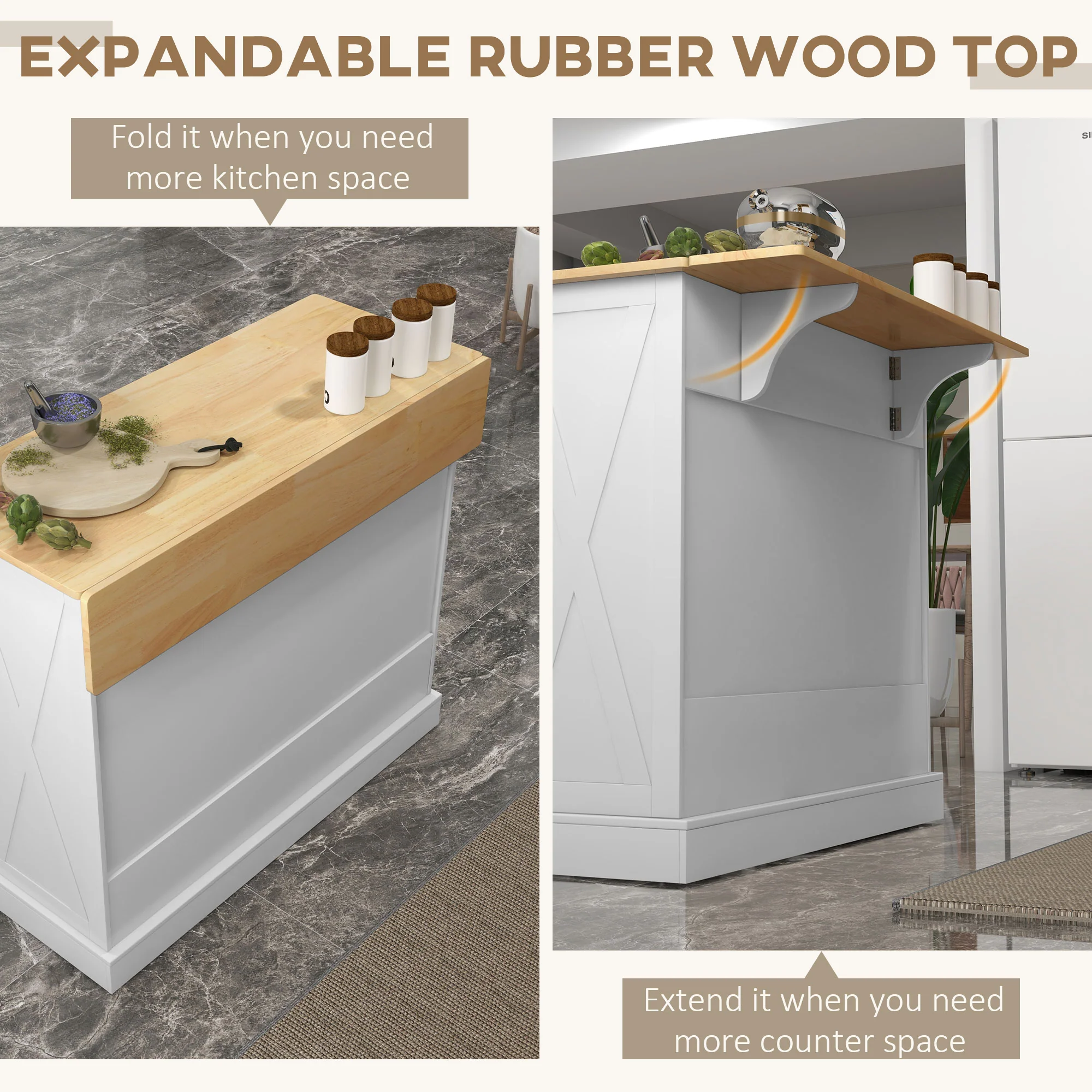 Rolling Kitchen Island with Drop Leaf, Wood Breakfast Bar Cart with 2 Drawers, White - Image 6