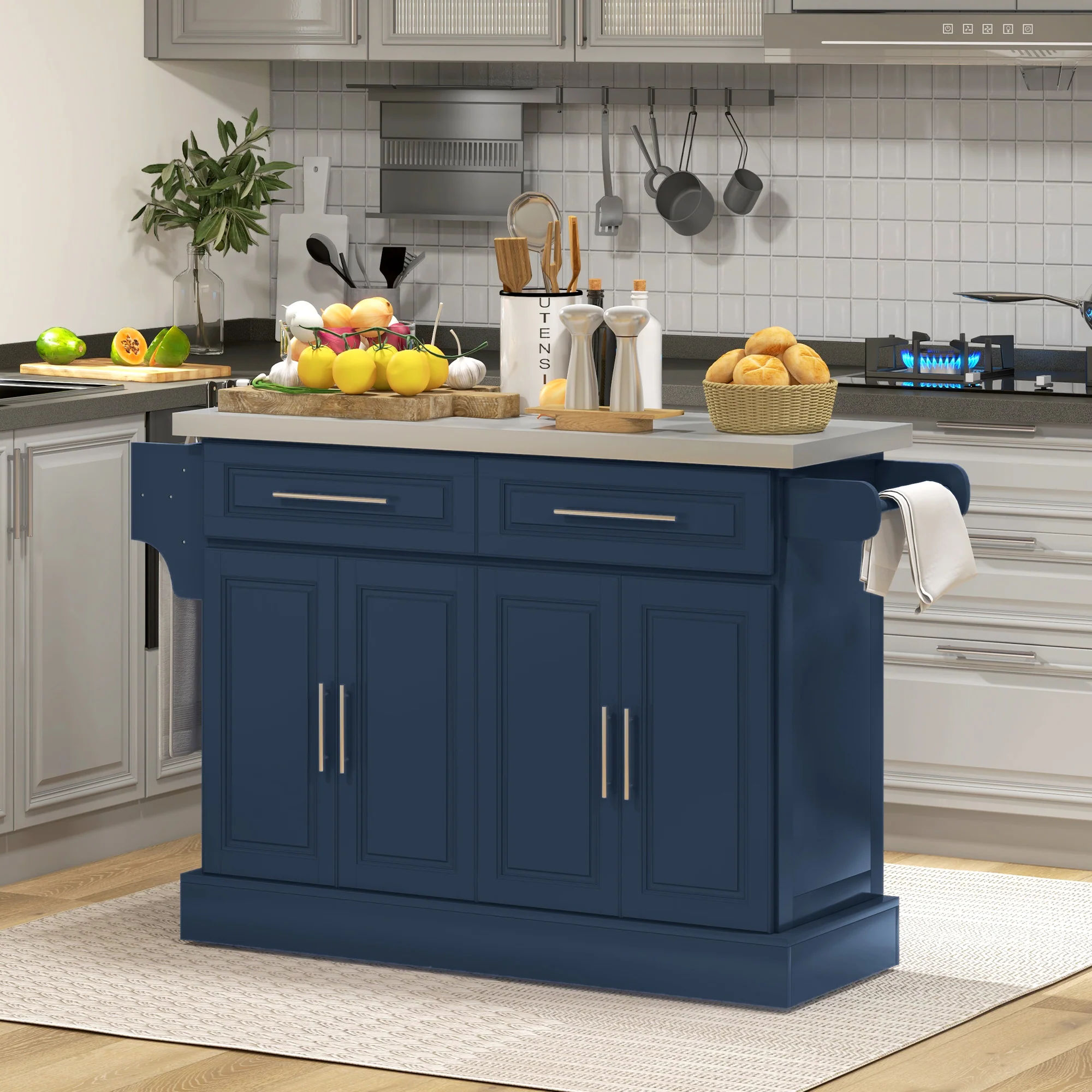Rolling Kitchen Island with Stainless Steel Top 2 Drawers Spice Knife and Towel Rack Navy - Image 3