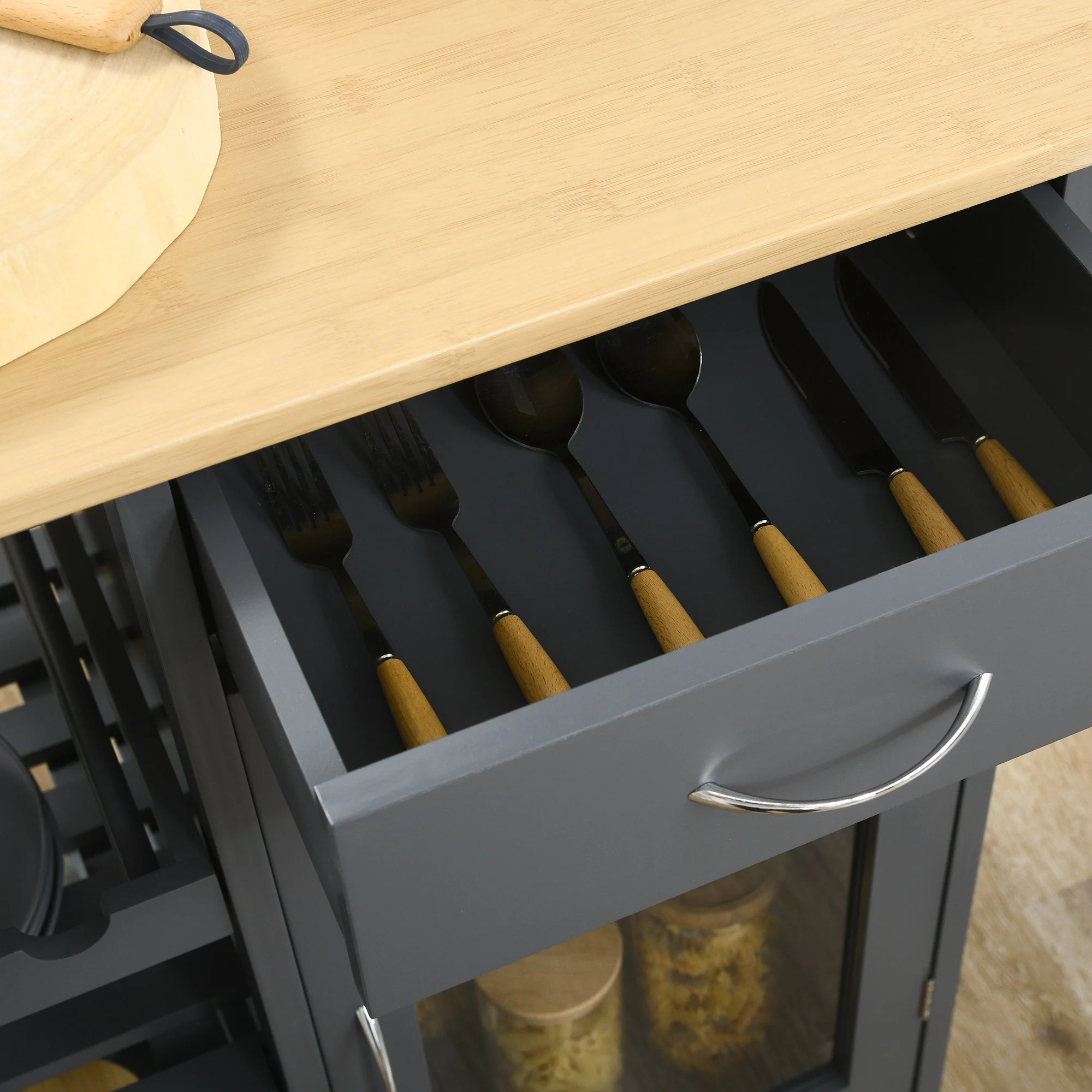Rolling Kitchen Cart with 4-Bottle Wine Rack, Stemware Holder, Shelves & Drawer, Gray - Image 11