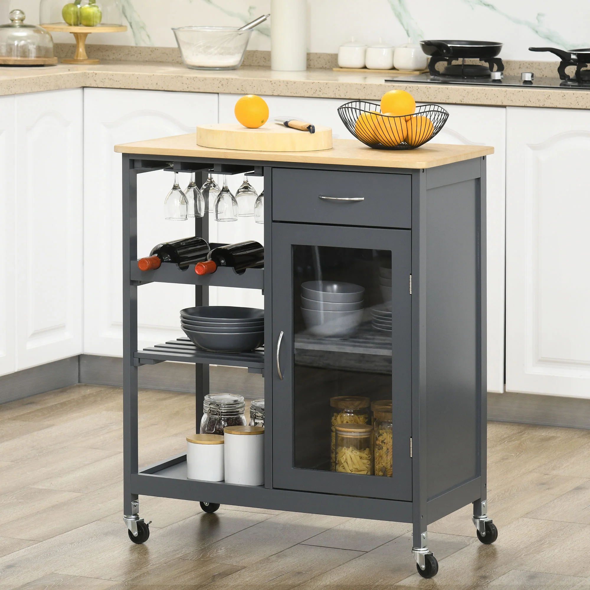 Rolling Kitchen Cart with 4-Bottle Wine Rack, Stemware Holder, Shelves & Drawer, Gray - Image 3
