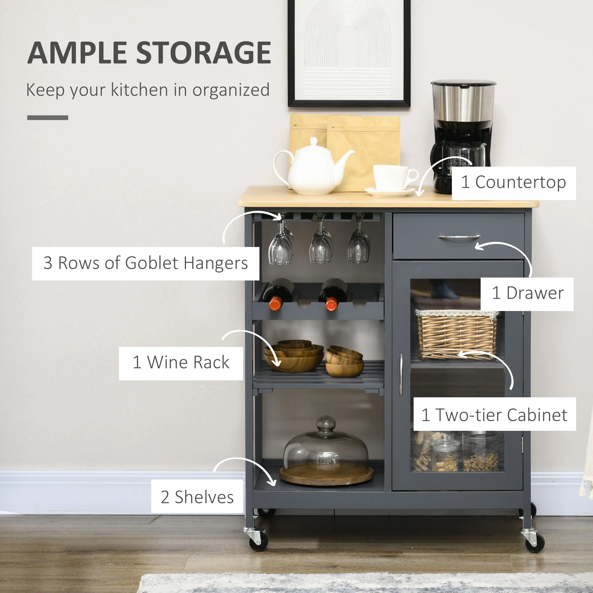 Rolling Kitchen Cart with 4-Bottle Wine Rack, Stemware Holder, Shelves & Drawer, Gray - Image 6