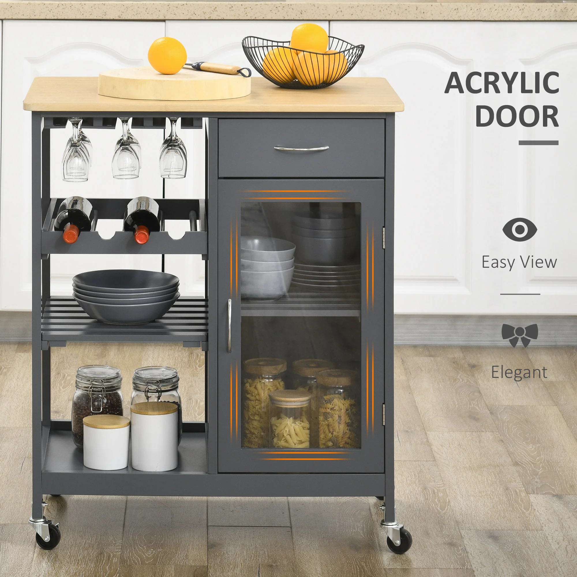Rolling Kitchen Cart with 4-Bottle Wine Rack, Stemware Holder, Shelves & Drawer, Gray - Image 8