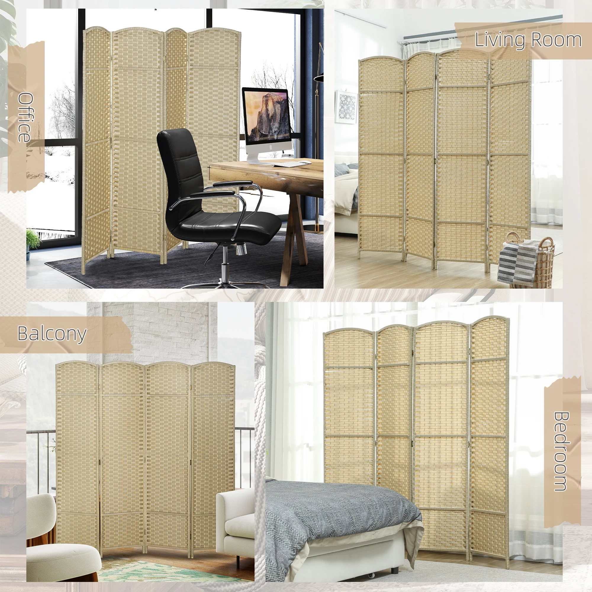 Room Divider, 4 Panel Folding Privacy Screen, 5.6' Tall Freestanding Partition for Home Office, Bedroom, Beige - Image 9