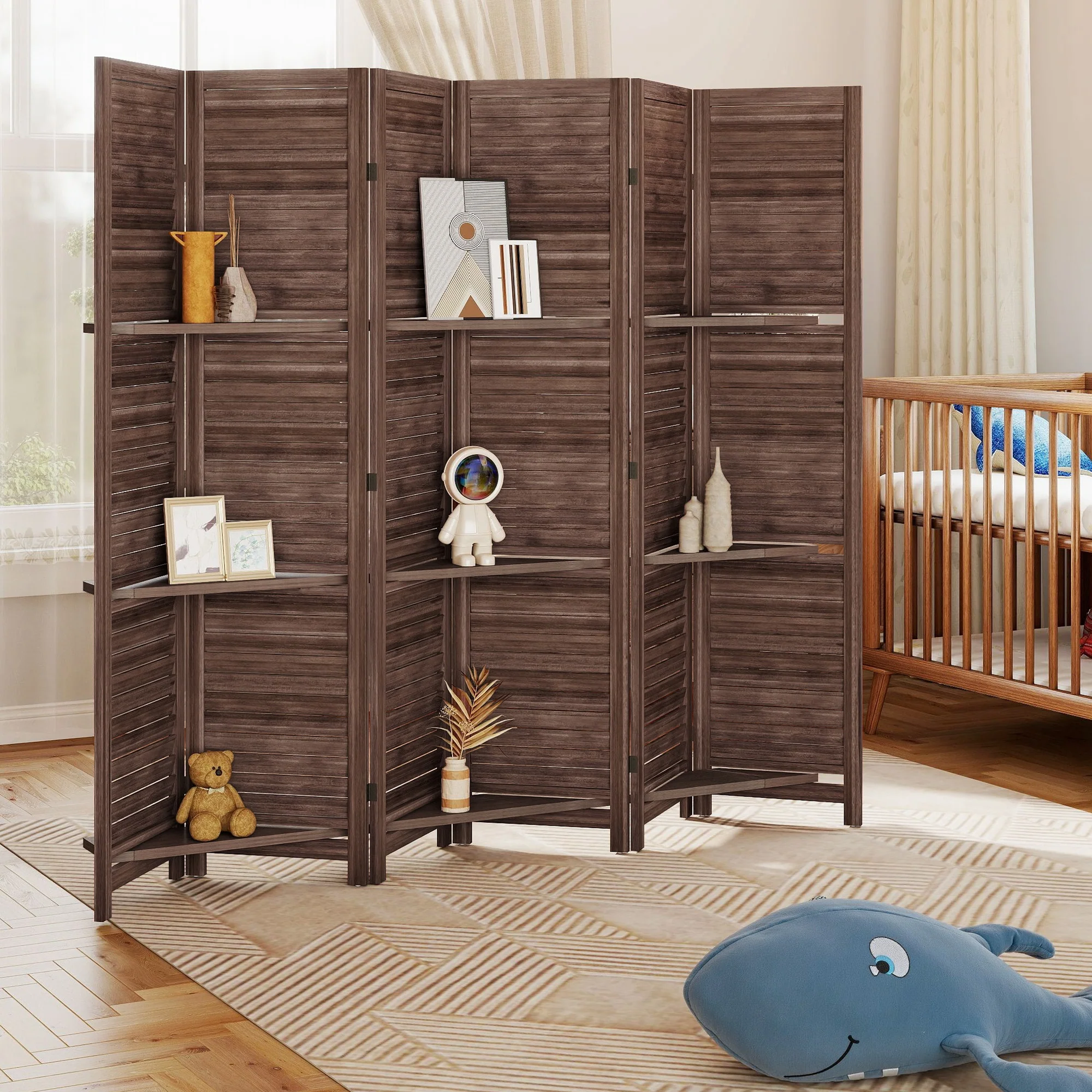 Room Divider, 6 Panel 67" Tall Wood Privacy Screen with 3 Display Shelves, and Folding Storage for Bedroom or Home Office, Walnut - Image 11