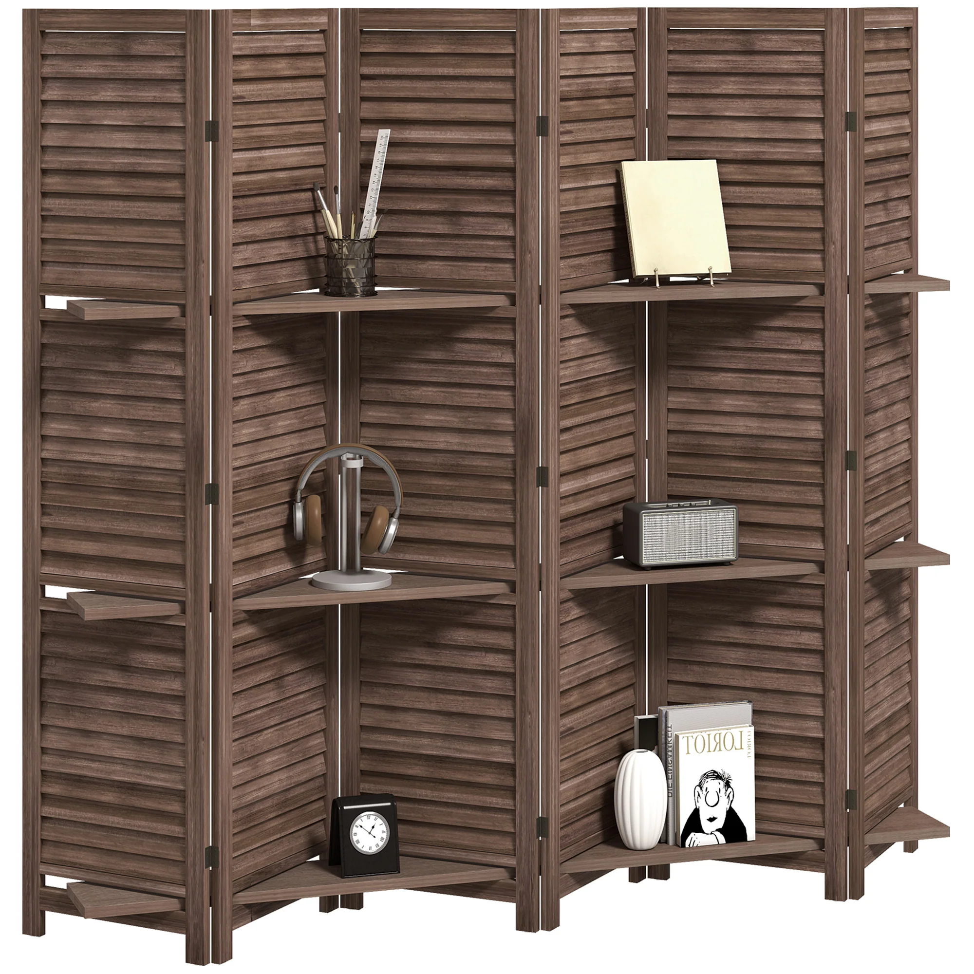 Room Divider, 6 Panel 67" Tall Wood Privacy Screen with 3 Display Shelves, and Folding Storage for Bedroom or Home Office, Walnut - Image 2