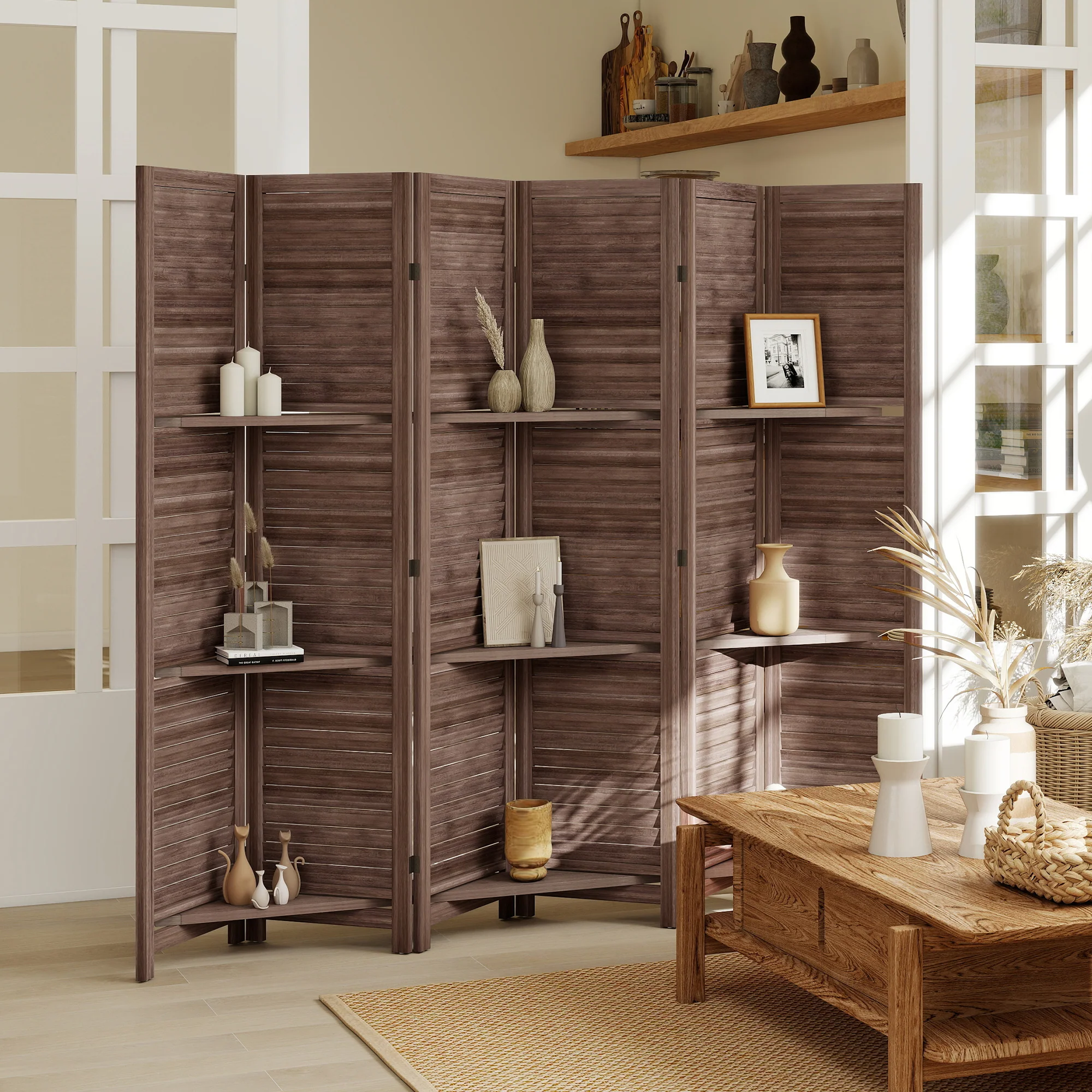 Room Divider, 6 Panel 67" Tall Wood Privacy Screen with 3 Display Shelves, and Folding Storage for Bedroom or Home Office, Walnut - Image 3