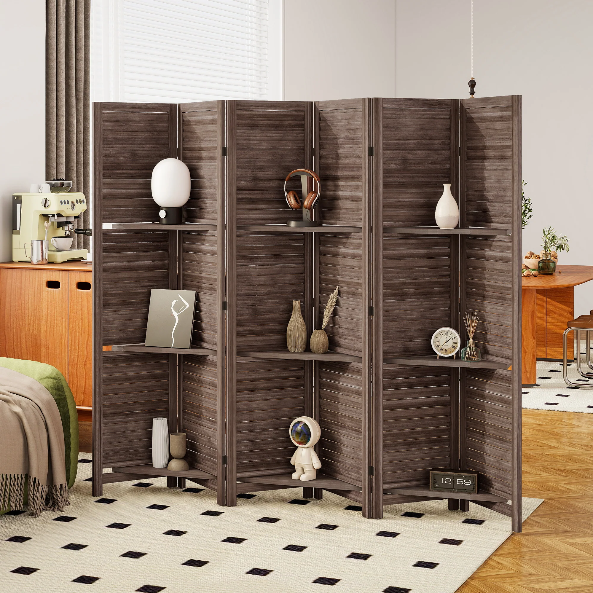 Room Divider, 6 Panel 67" Tall Wood Privacy Screen with 3 Display Shelves, and Folding Storage for Bedroom or Home Office, Walnut - Image 4
