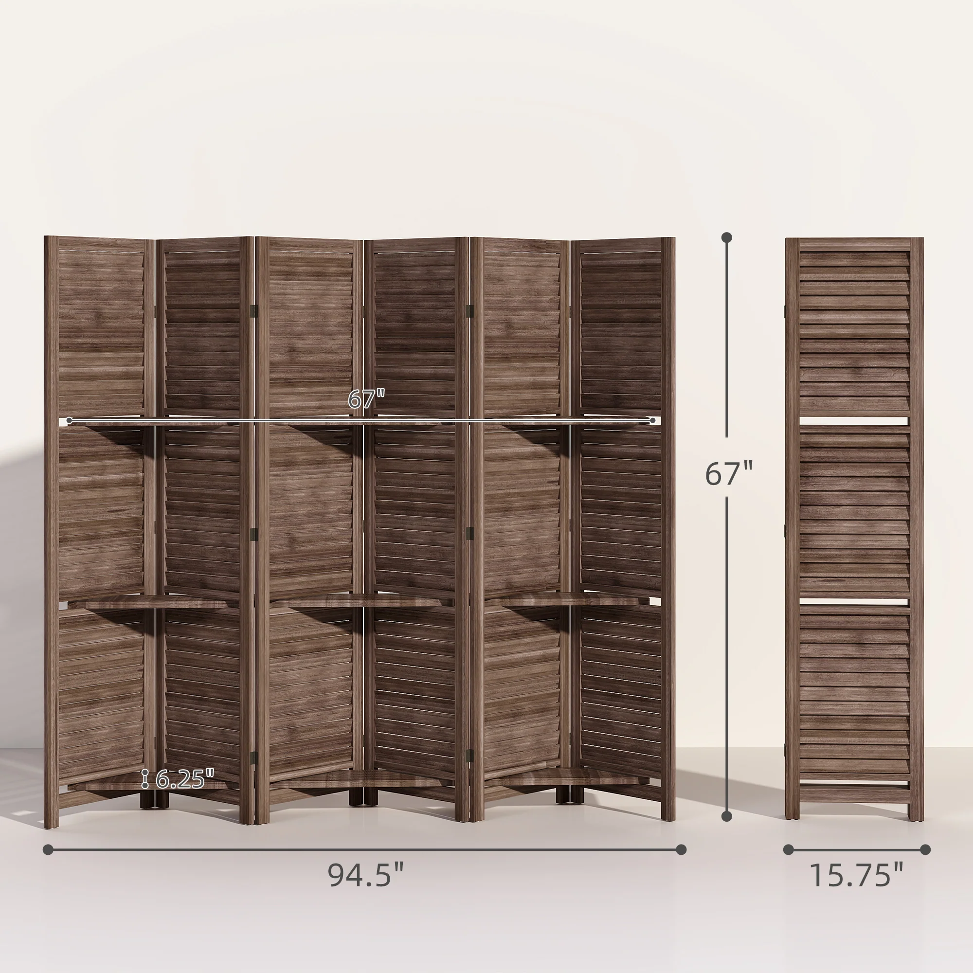 Room Divider, 6 Panel 67" Tall Wood Privacy Screen with 3 Display Shelves, and Folding Storage for Bedroom or Home Office, Walnut - Image 5