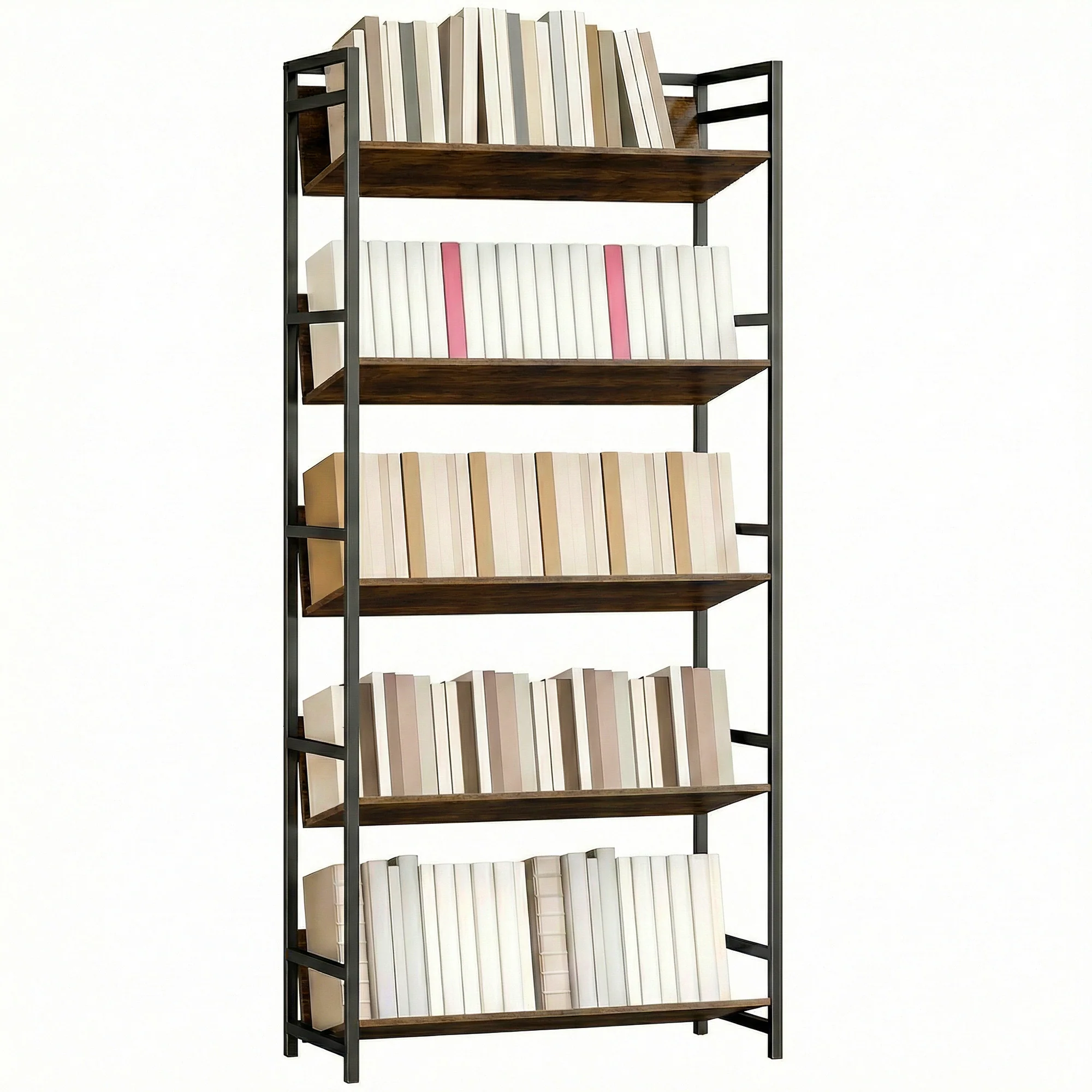 Room Divider Bookshelf, 5-Tier Bookcase, Storage Shelves with Metal Frame and Anti-Slip Design for Living Room, Bedroom, Home Office, Rustic Brown