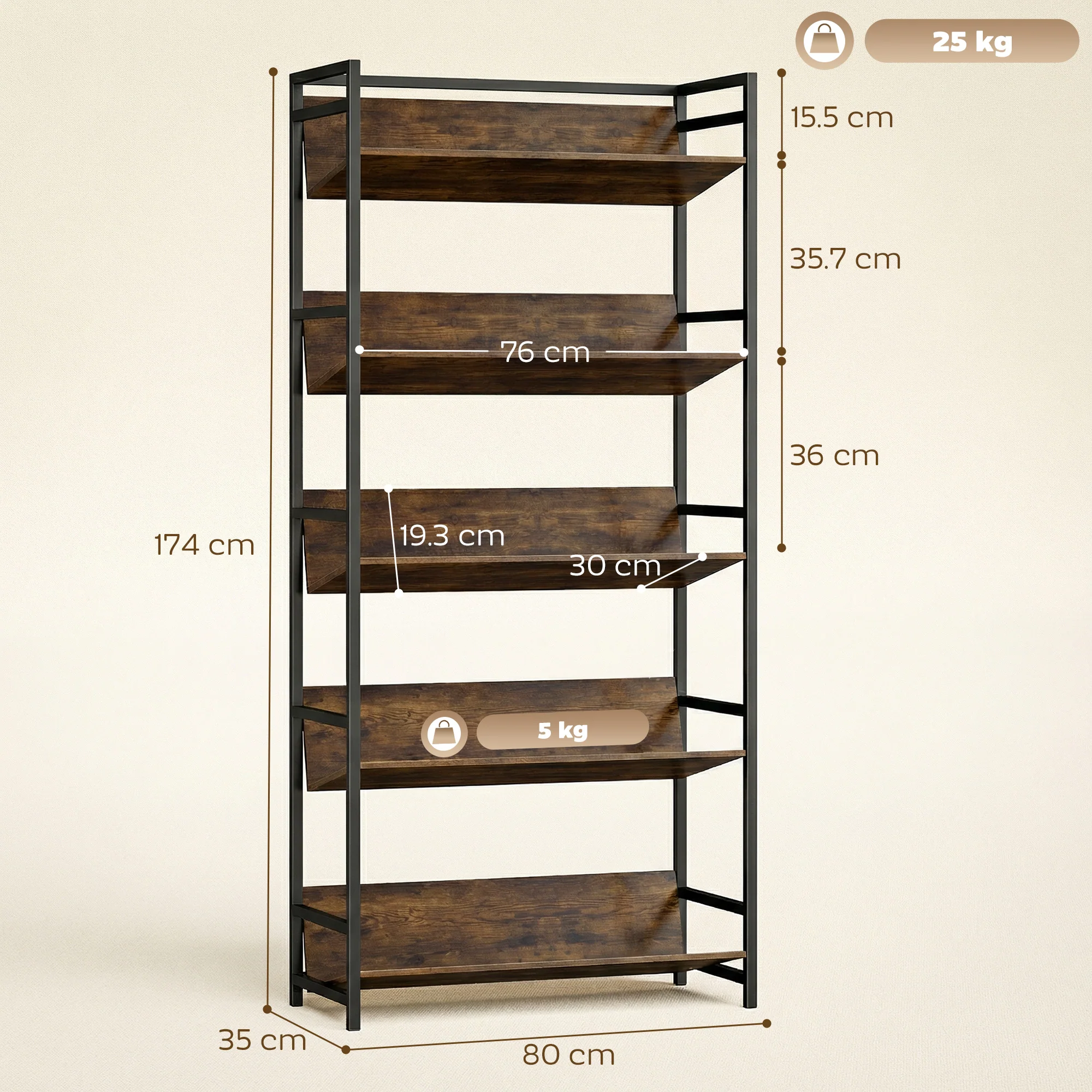 Room Divider Bookshelf, 5-Tier Bookcase, Storage Shelves with Metal Frame and Anti-Slip Design for Living Room, Bedroom, Home Office, Rustic Brown - Image 5