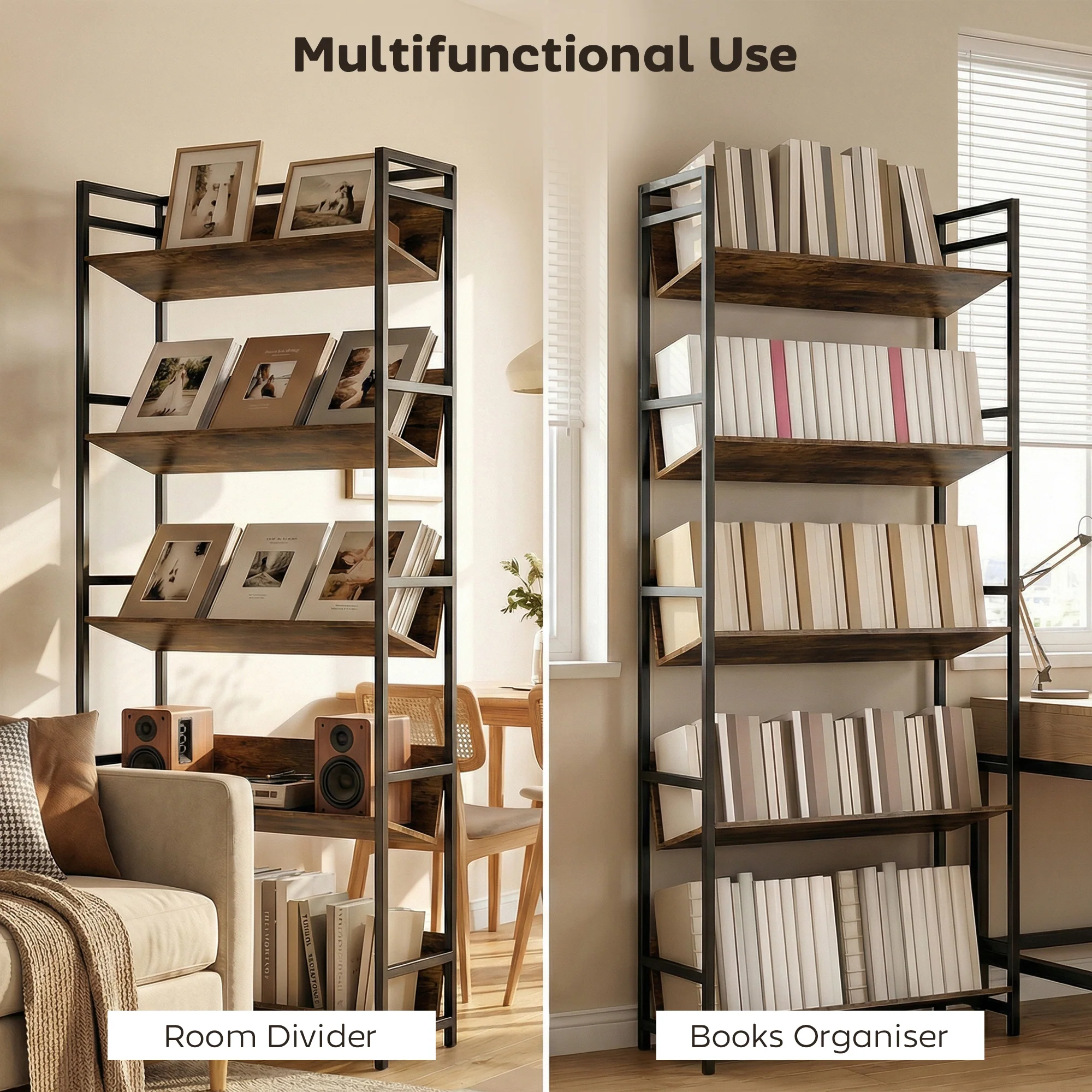 Room Divider Bookshelf, 5-Tier Bookcase, Storage Shelves with Metal Frame and Anti-Slip Design for Living Room, Bedroom, Home Office, Rustic Brown - Image 6