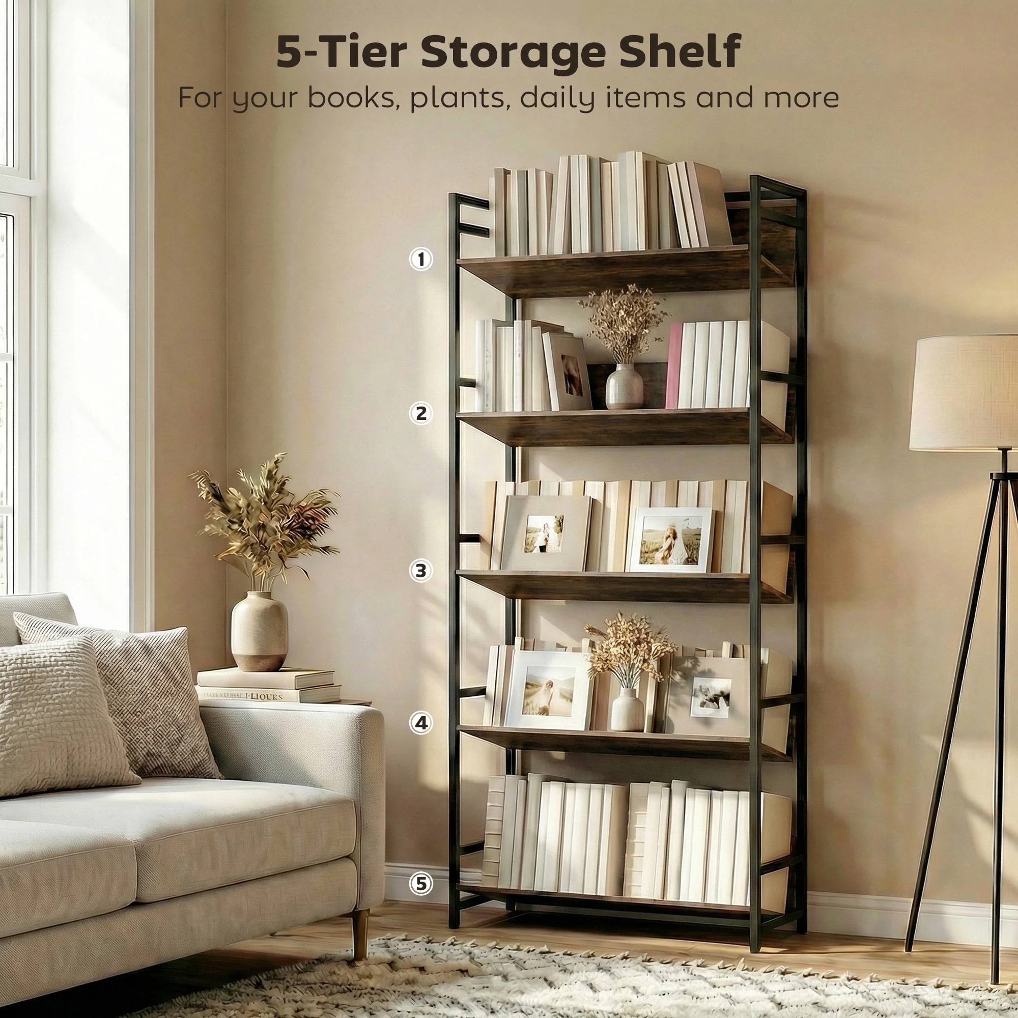 Room Divider Bookshelf, 5-Tier Bookcase, Storage Shelves with Metal Frame and Anti-Slip Design for Living Room, Bedroom, Home Office, Rustic Brown - Image 7