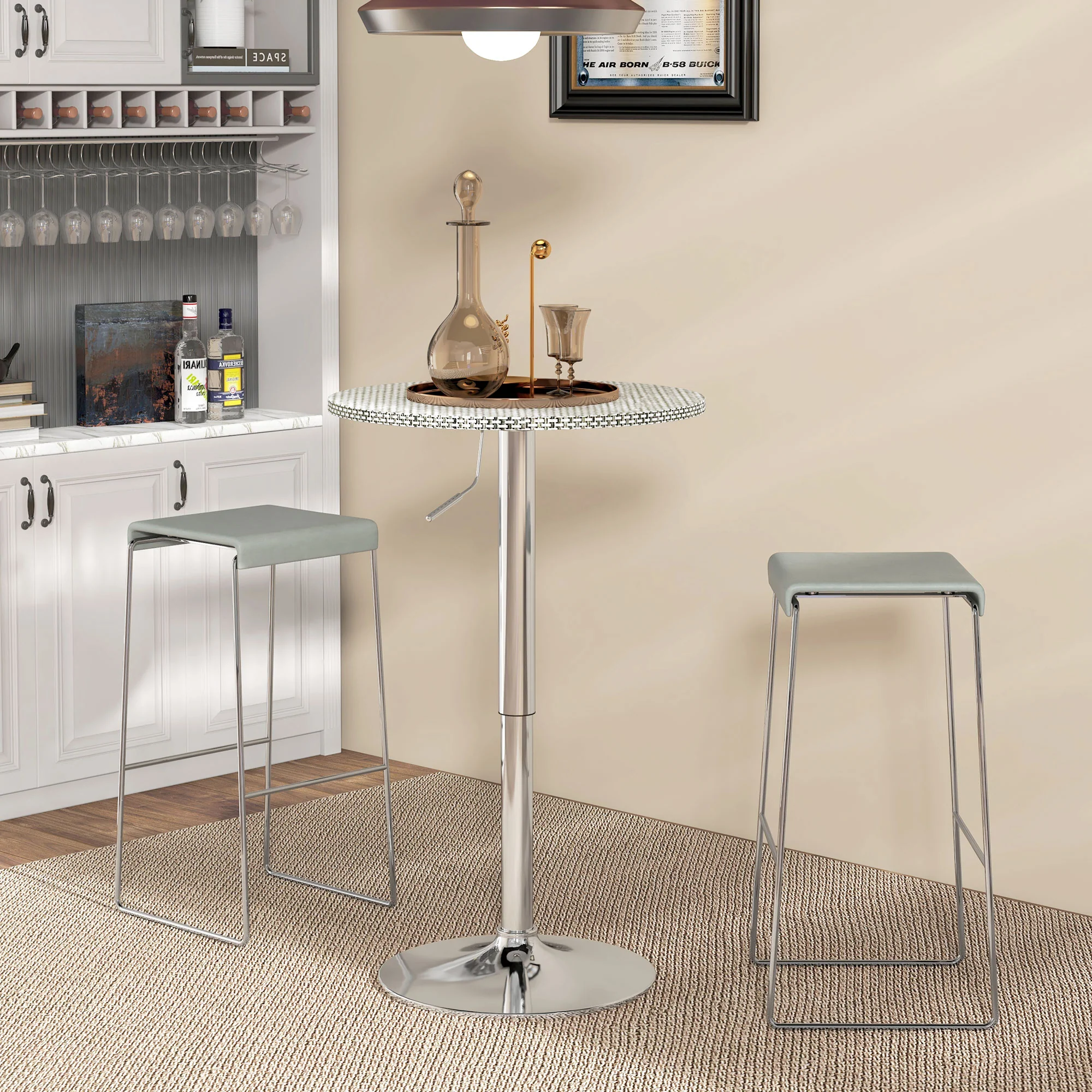 Round Adjustable Pub Table with PE Rattan Top & Steel Base, Beige Grey - Image 3