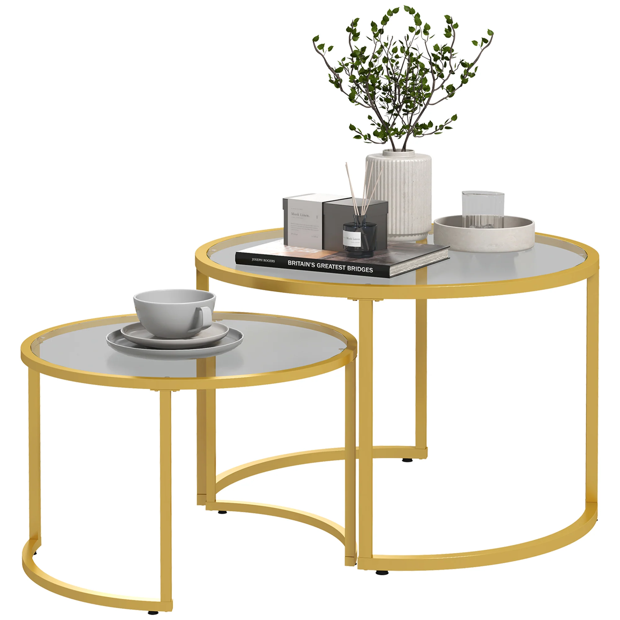 Set of 2 Round Nesting Coffee Tables with Tempered Glass Top Gold