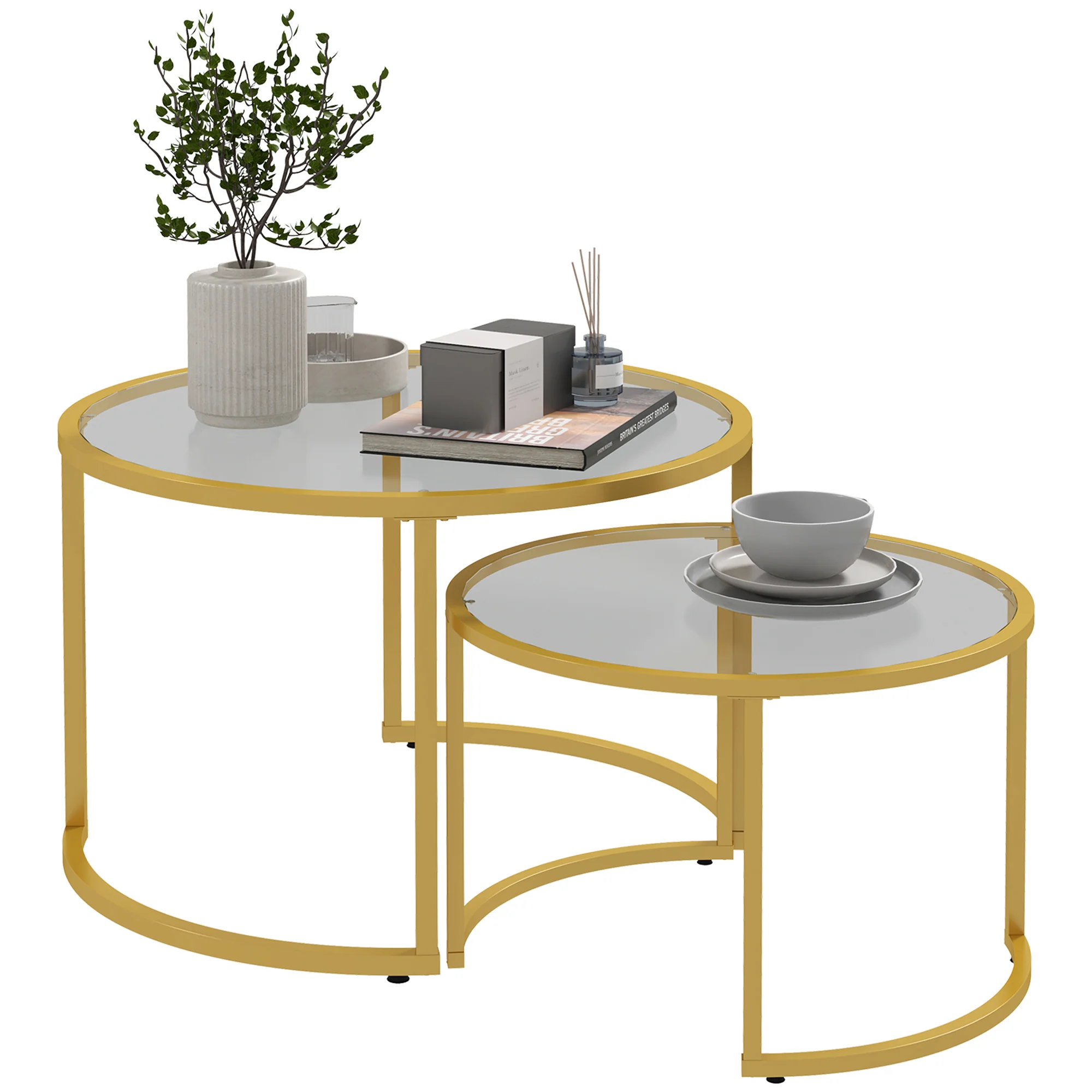 Set of 2 Round Nesting Coffee Tables with Tempered Glass Top Gold - Image 2