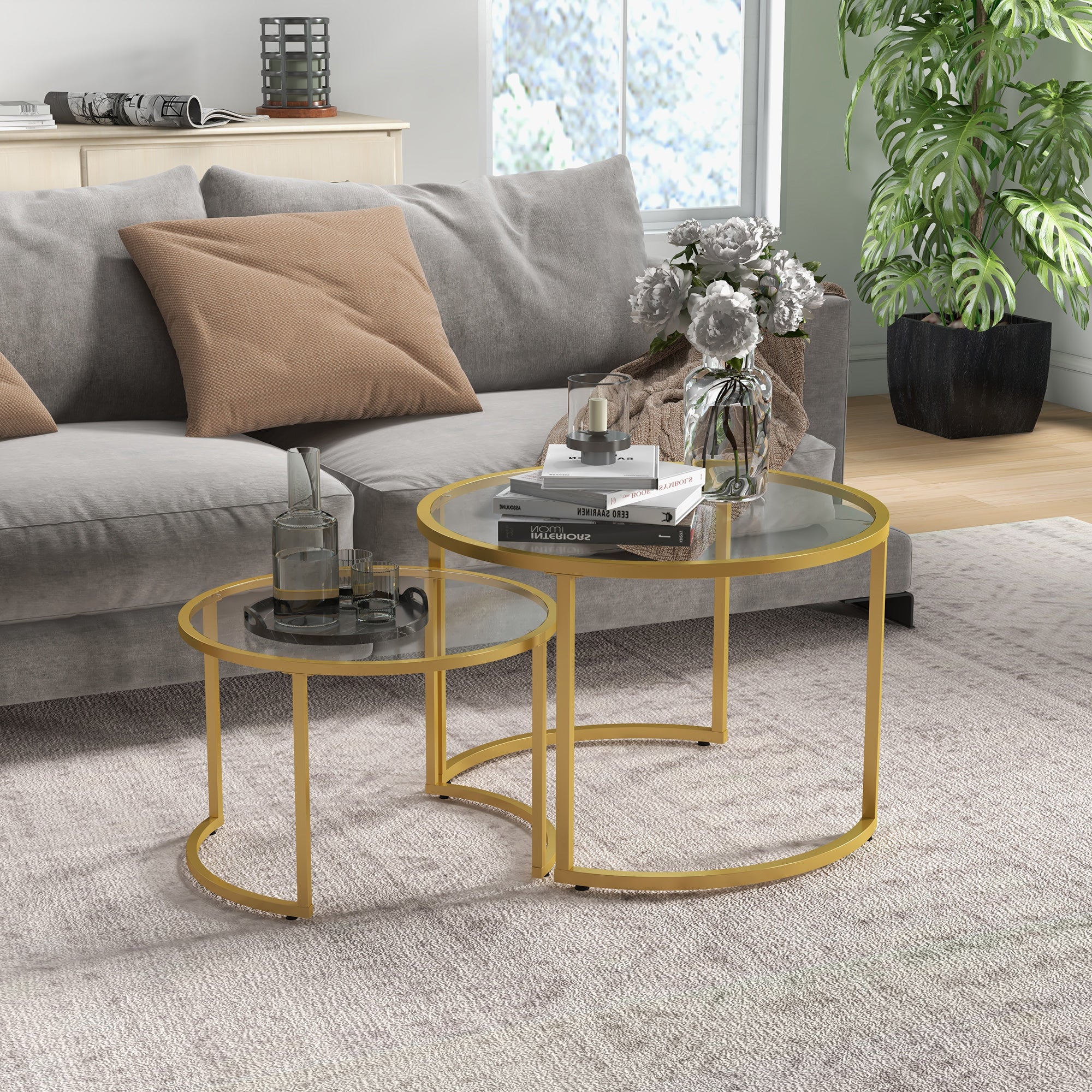 Set of 2 Round Nesting Coffee Tables with Tempered Glass Top Gold - Image 3