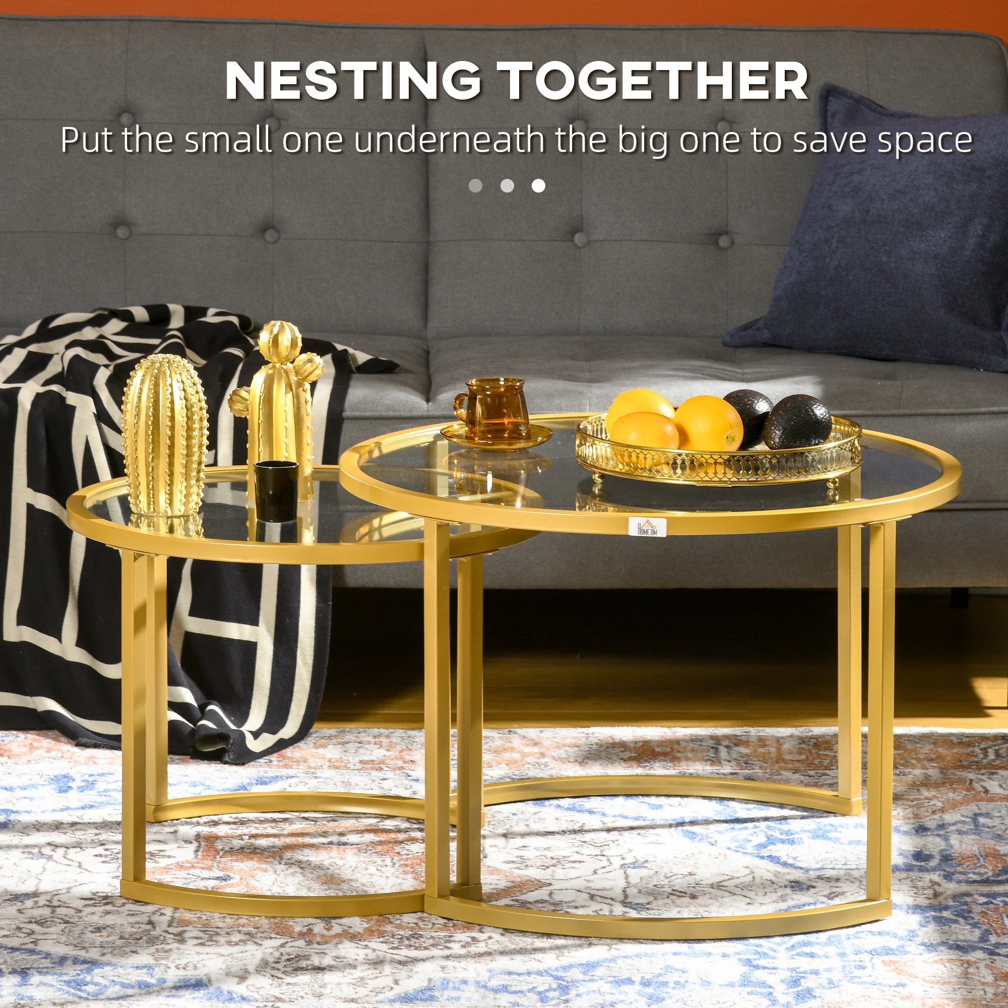 Set of 2 Round Nesting Coffee Tables with Tempered Glass Top Gold - Image 6
