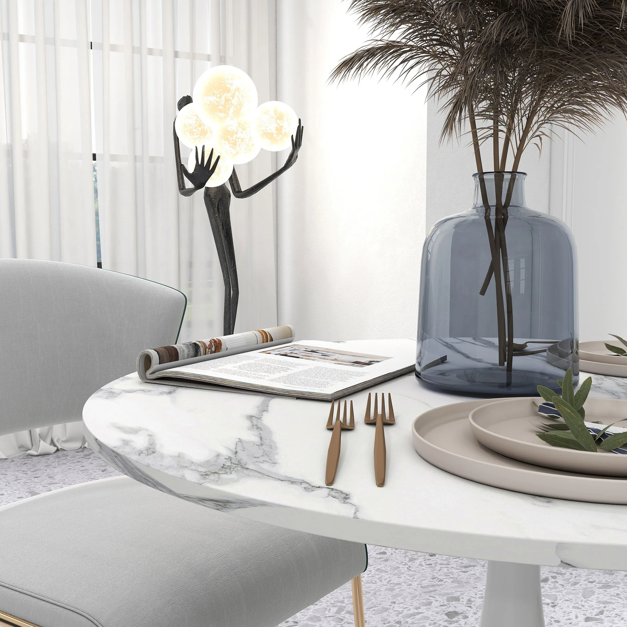 Modern Round Dining Table for 2 with Steel Base, Non-slip Foot Pad, Faux Marbled White - Image 8