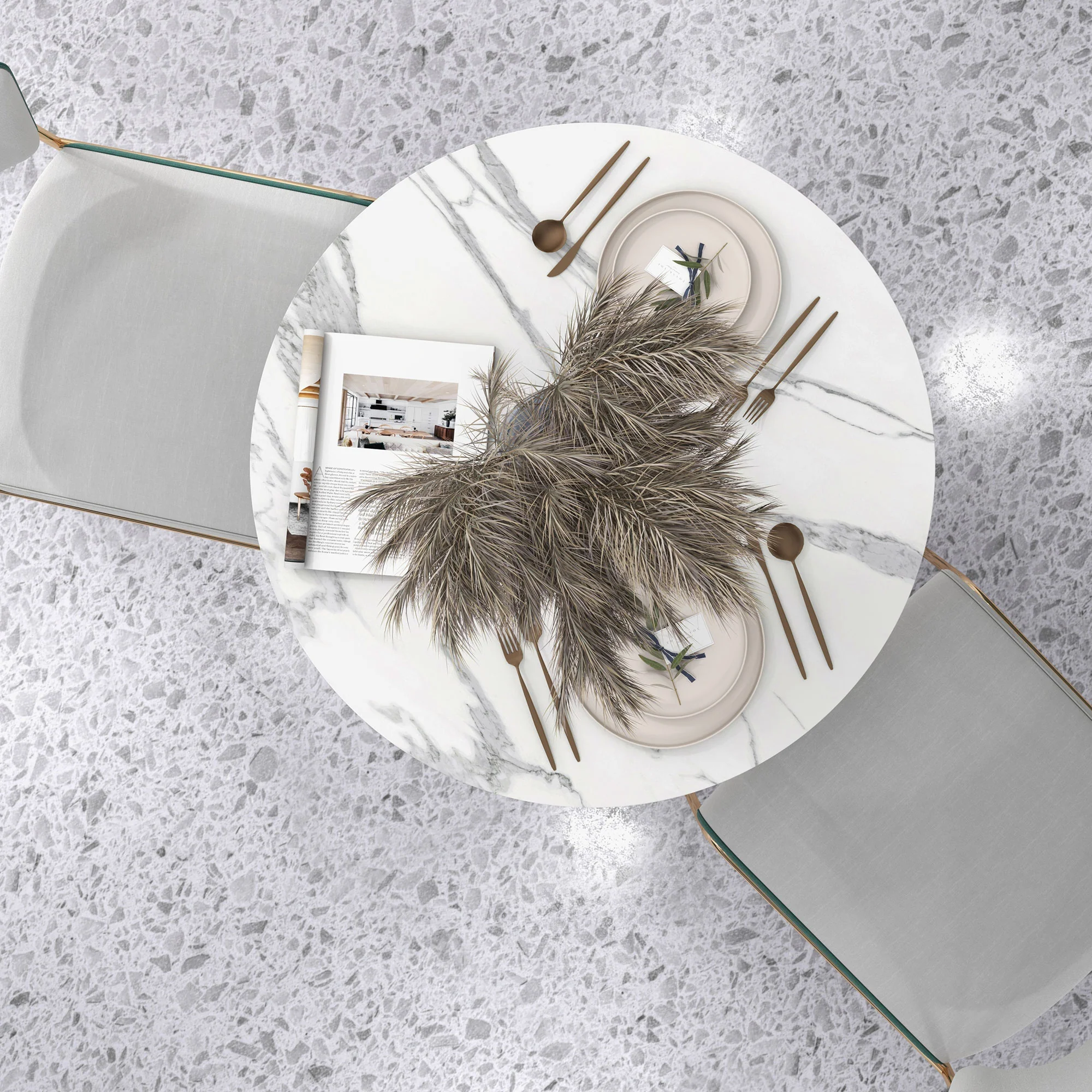 Modern Round Dining Table for 2 with Steel Base, Non-slip Foot Pad, Faux Marbled White - Image 9