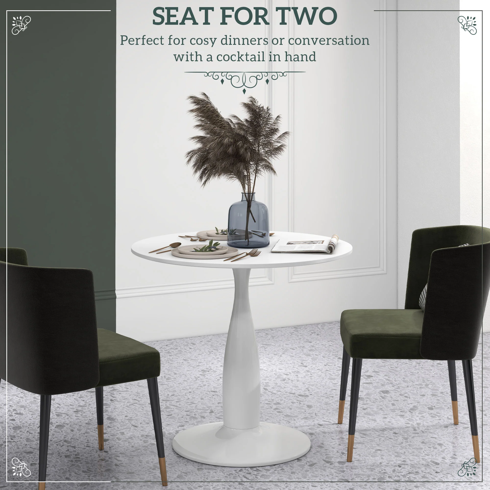 Modern Round Dining Table for 2 with Steel Base, Non-slip Foot Pad, White - Image 6