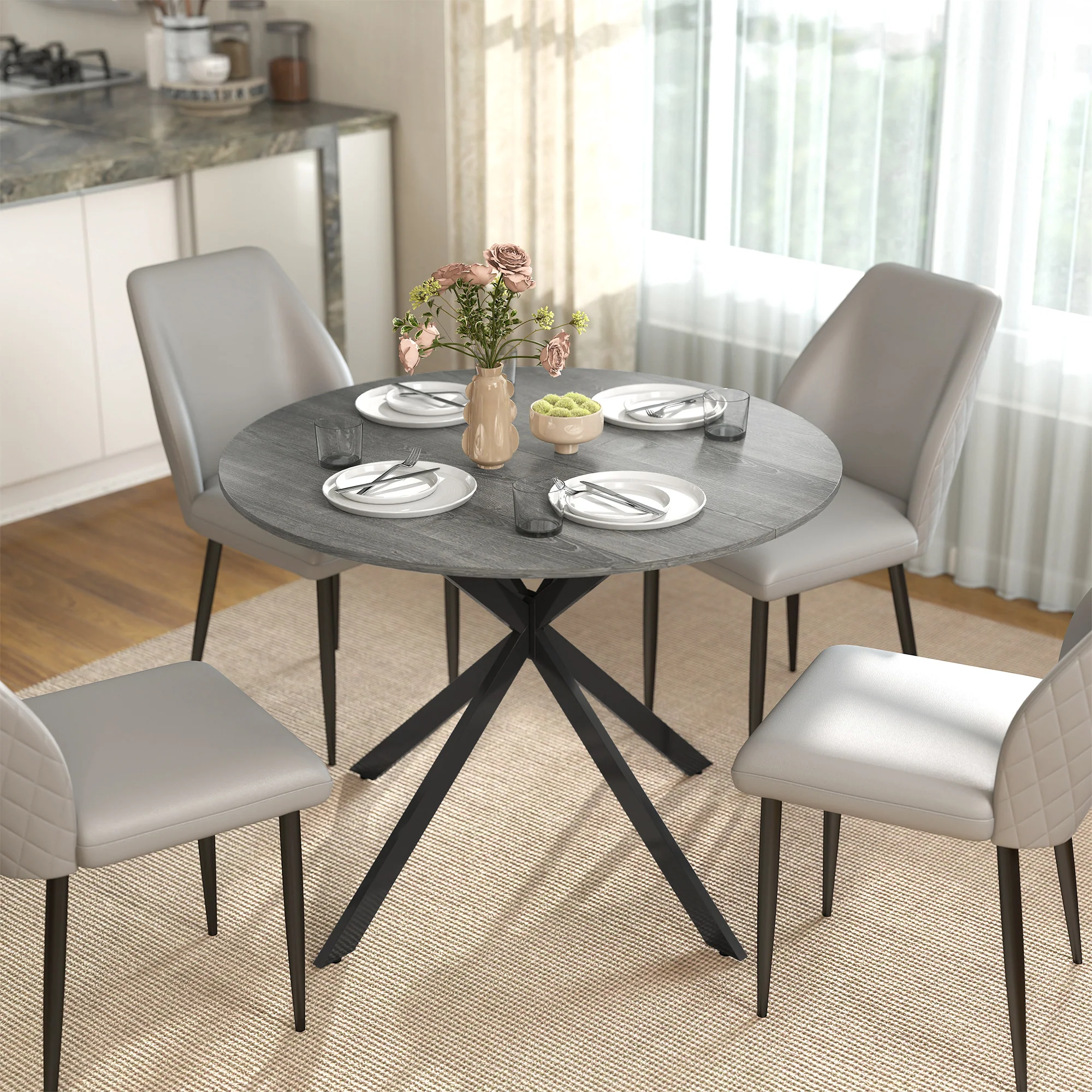 Round Dining Table for 4, 40" Industrial Kitchen Table with Steel Legs for Dining Room, Distressed Grey - Image 3