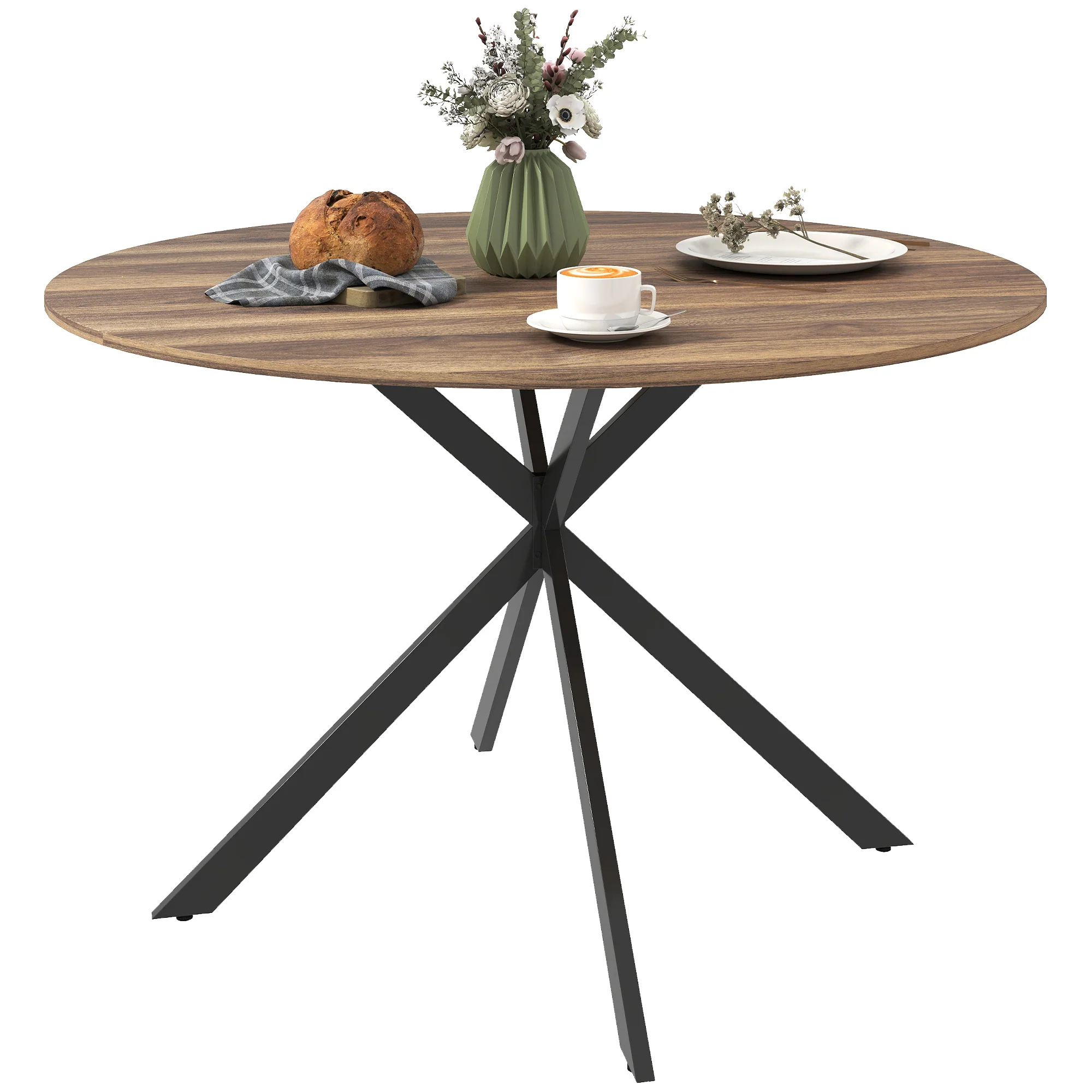 Round Dining Table for 4, 47" Industrial Kitchen Table with Steel Legs for Dining Room, Dark Brown and Black