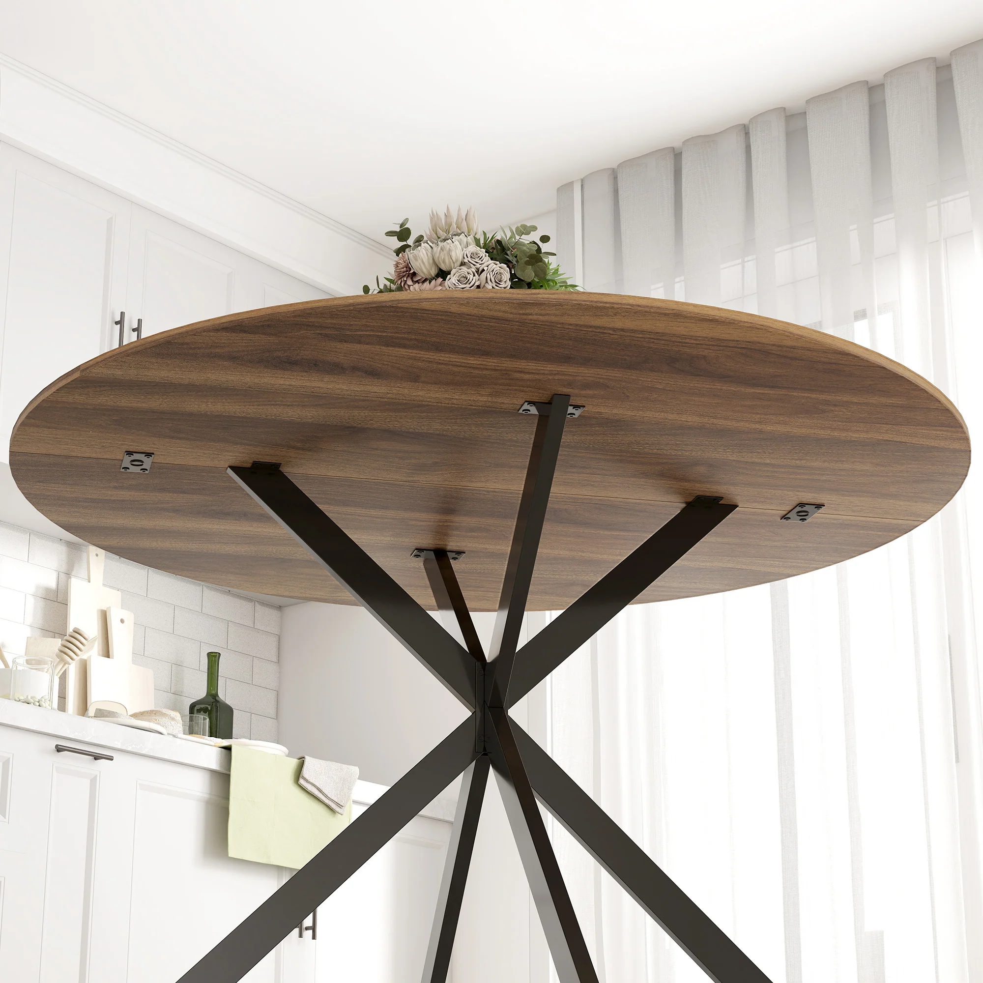 Round Dining Table for 4, 47" Industrial Kitchen Table with Steel Legs for Dining Room, Dark Brown and Black - Image 11