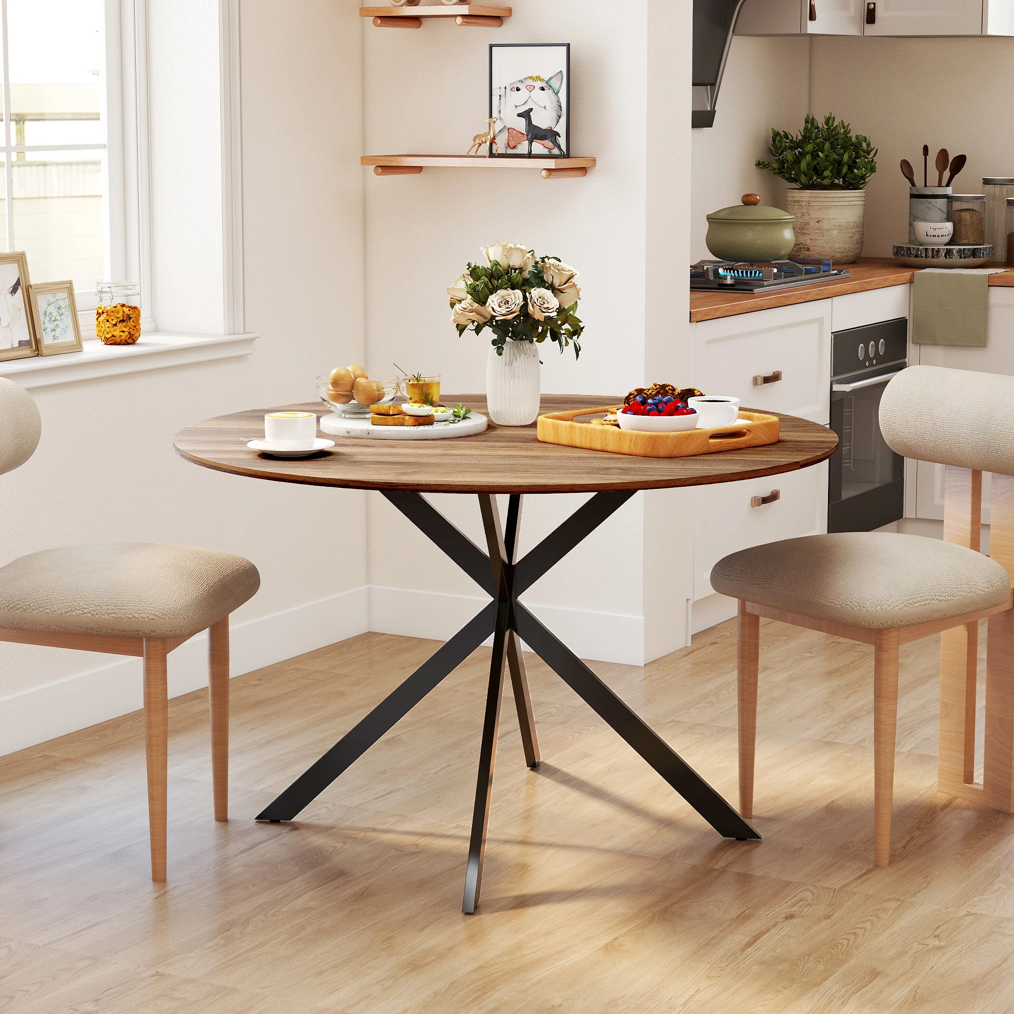 Round Dining Table for 4, 47" Industrial Kitchen Table with Steel Legs for Dining Room, Dark Brown and Black - Image 3