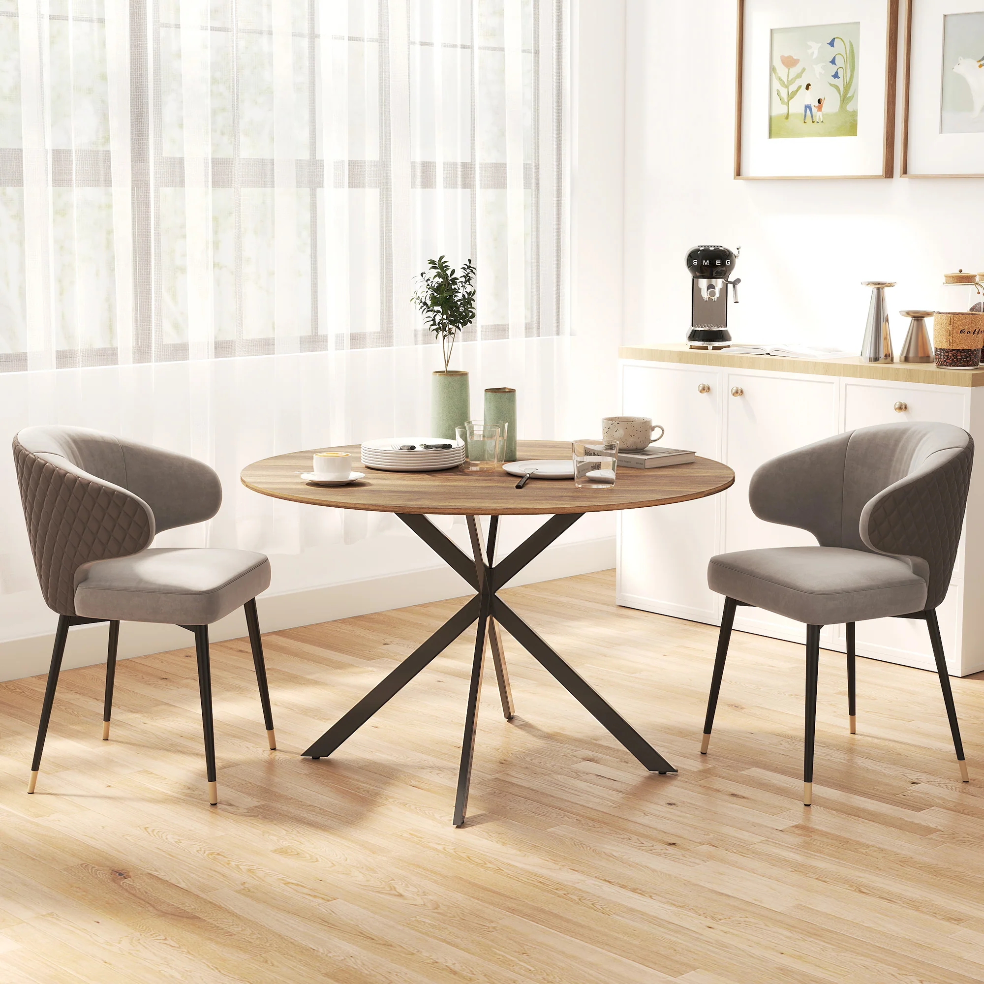 Round Dining Table for 4, 47" Industrial Kitchen Table with Steel Legs for Dining Room, Dark Brown and Black - Image 4