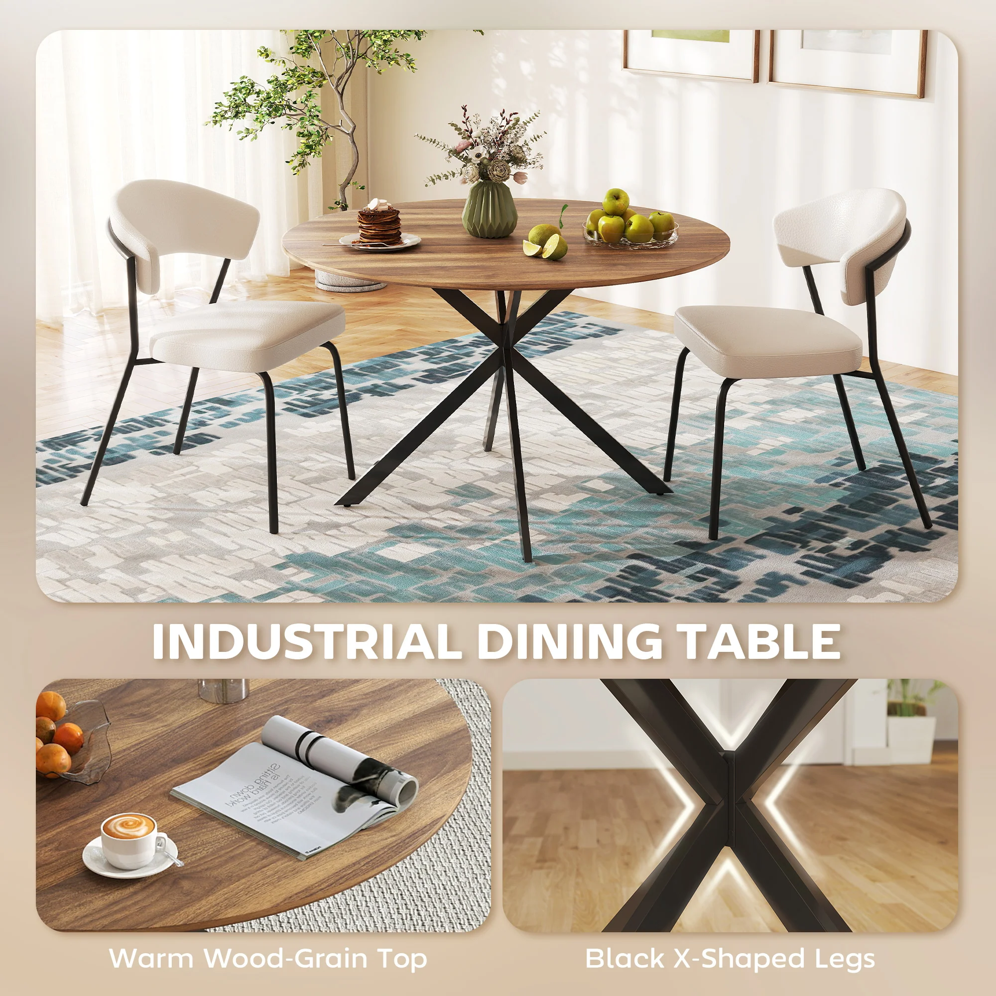 Round Dining Table for 4, 47" Industrial Kitchen Table with Steel Legs for Dining Room, Dark Brown and Black - Image 6