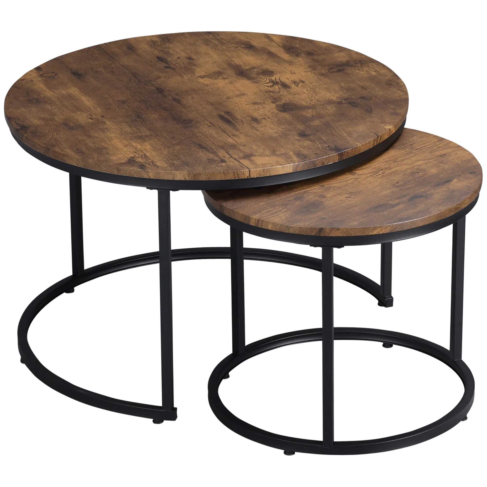 Round Nesting Tables Set of 2 Stacking Coffee Table Set with Metal Frame Rustic Brown - Image 2