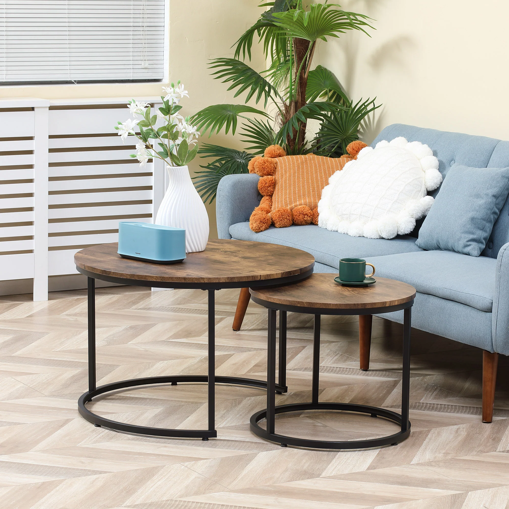 Round Nesting Tables Set of 2 Stacking Coffee Table Set with Metal Frame Rustic Brown - Image 3