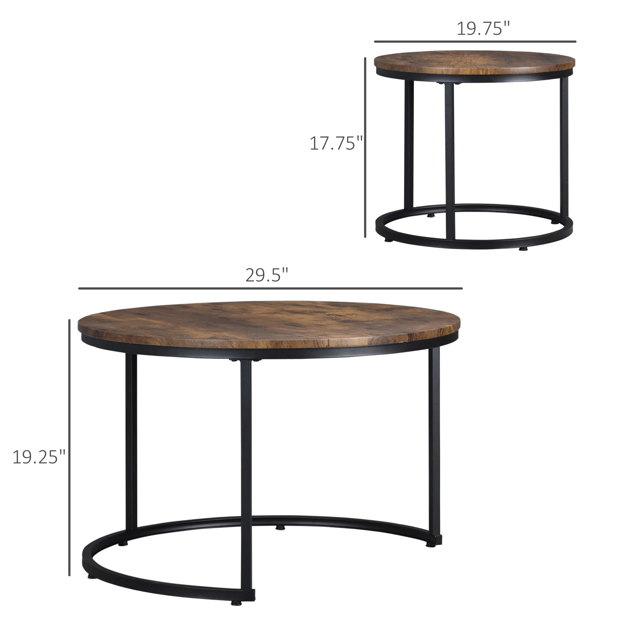 Round Nesting Tables Set of 2 Stacking Coffee Table Set with Metal Frame Rustic Brown - Image 5
