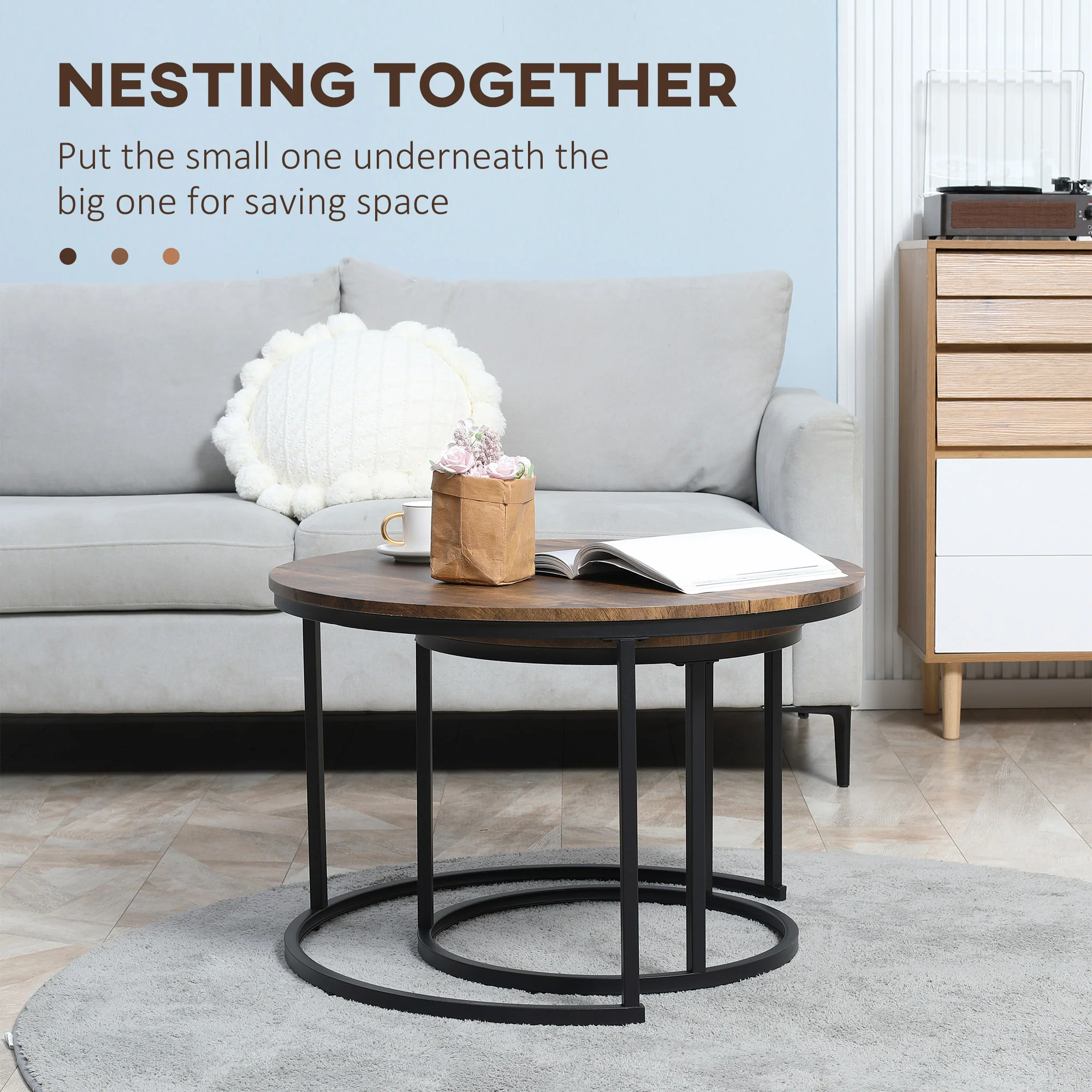 Round Nesting Tables Set of 2 Stacking Coffee Table Set with Metal Frame Rustic Brown - Image 6