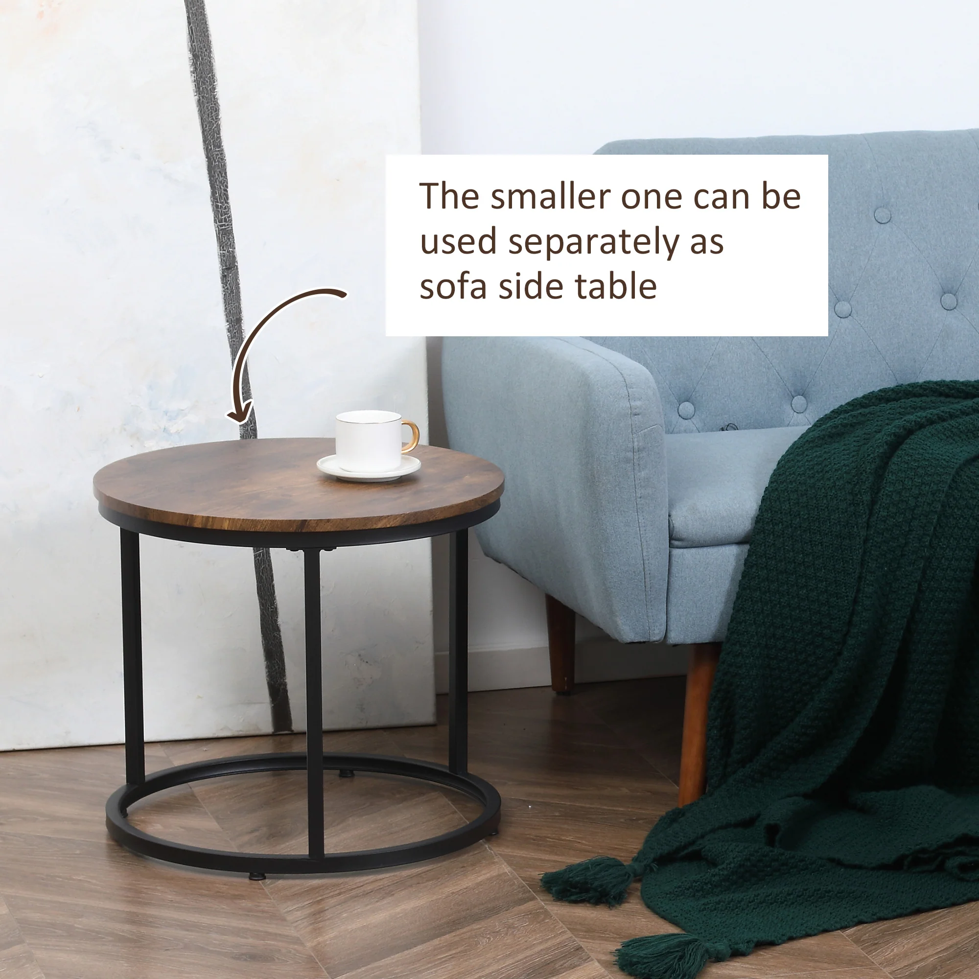 Round Nesting Tables Set of 2 Stacking Coffee Table Set with Metal Frame Rustic Brown - Image 7