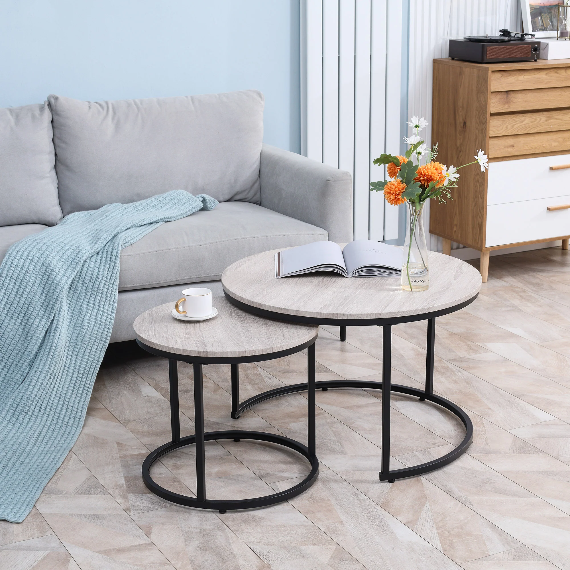 Round Nesting Tables Set of 2 Stacking Coffee Table Set with Metal Frame Grey - Image 3
