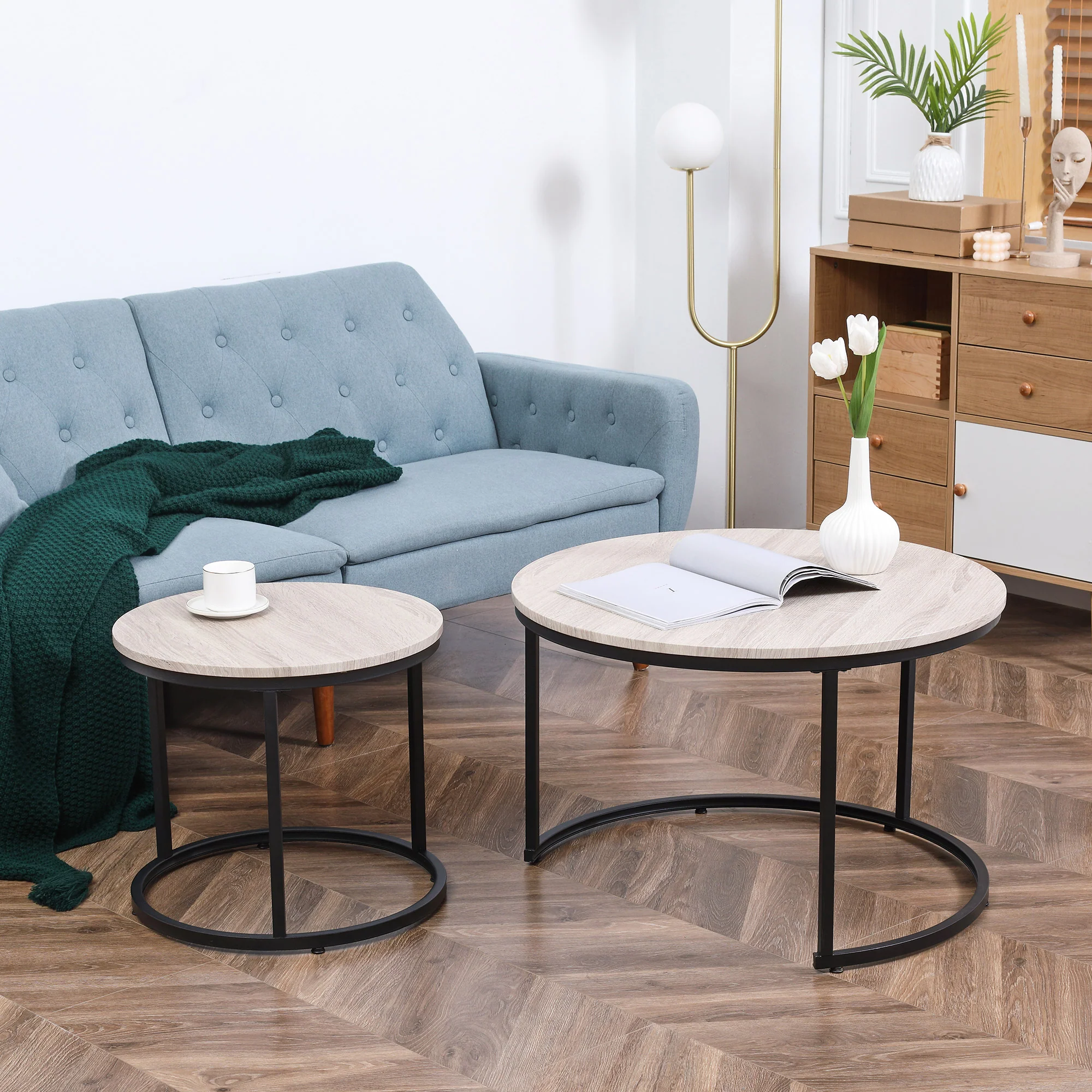 Round Nesting Tables Set of 2 Stacking Coffee Table Set with Metal Frame Grey - Image 4