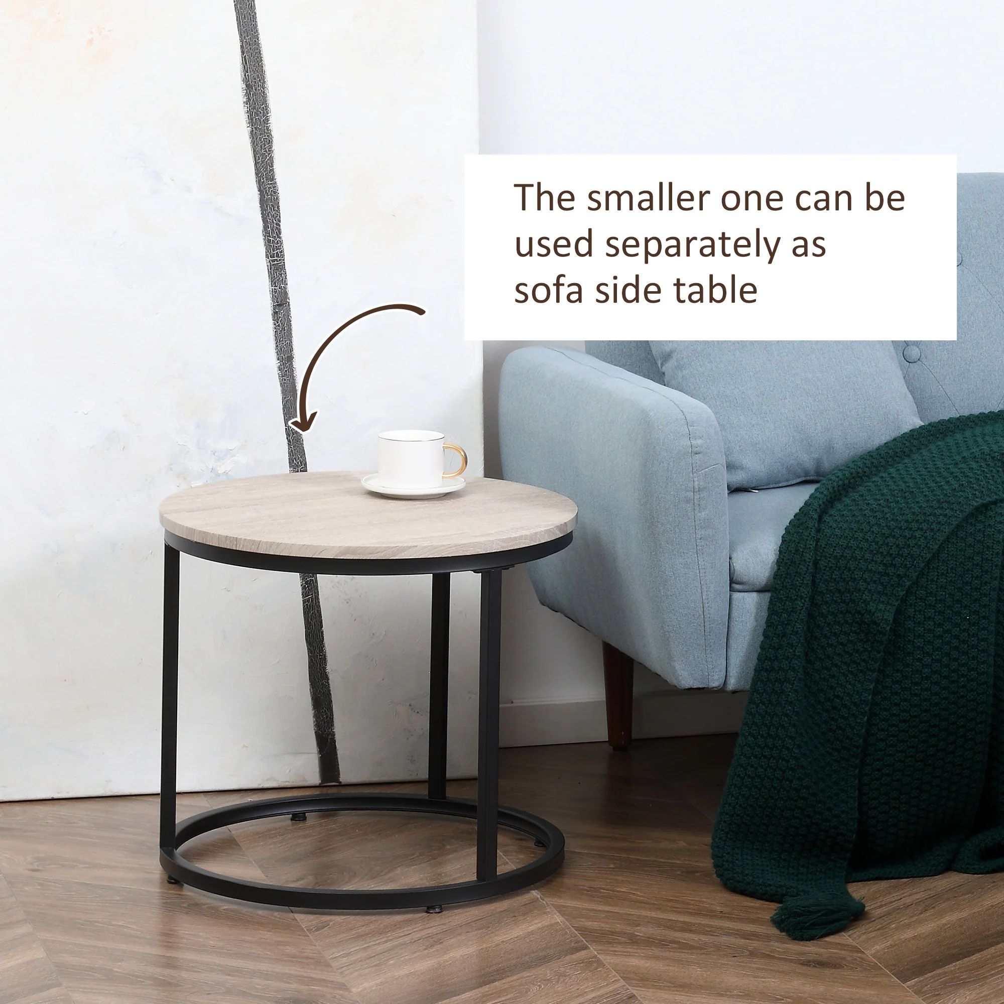 Round Nesting Tables Set of 2 Stacking Coffee Table Set with Metal Frame Grey - Image 7
