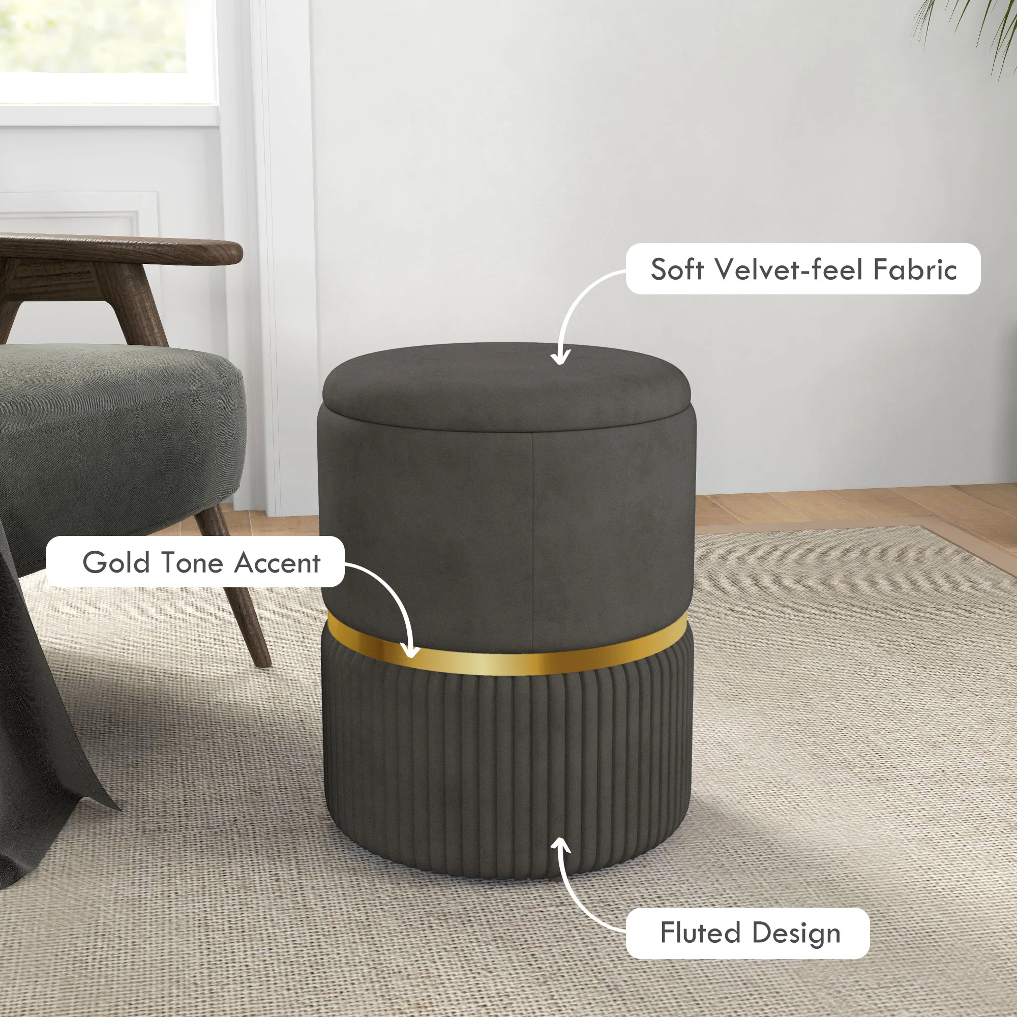 Round Velvet-feel Fabric Storage Foot Stool with Padded Seat & Hidden Space, Grey - Image 7