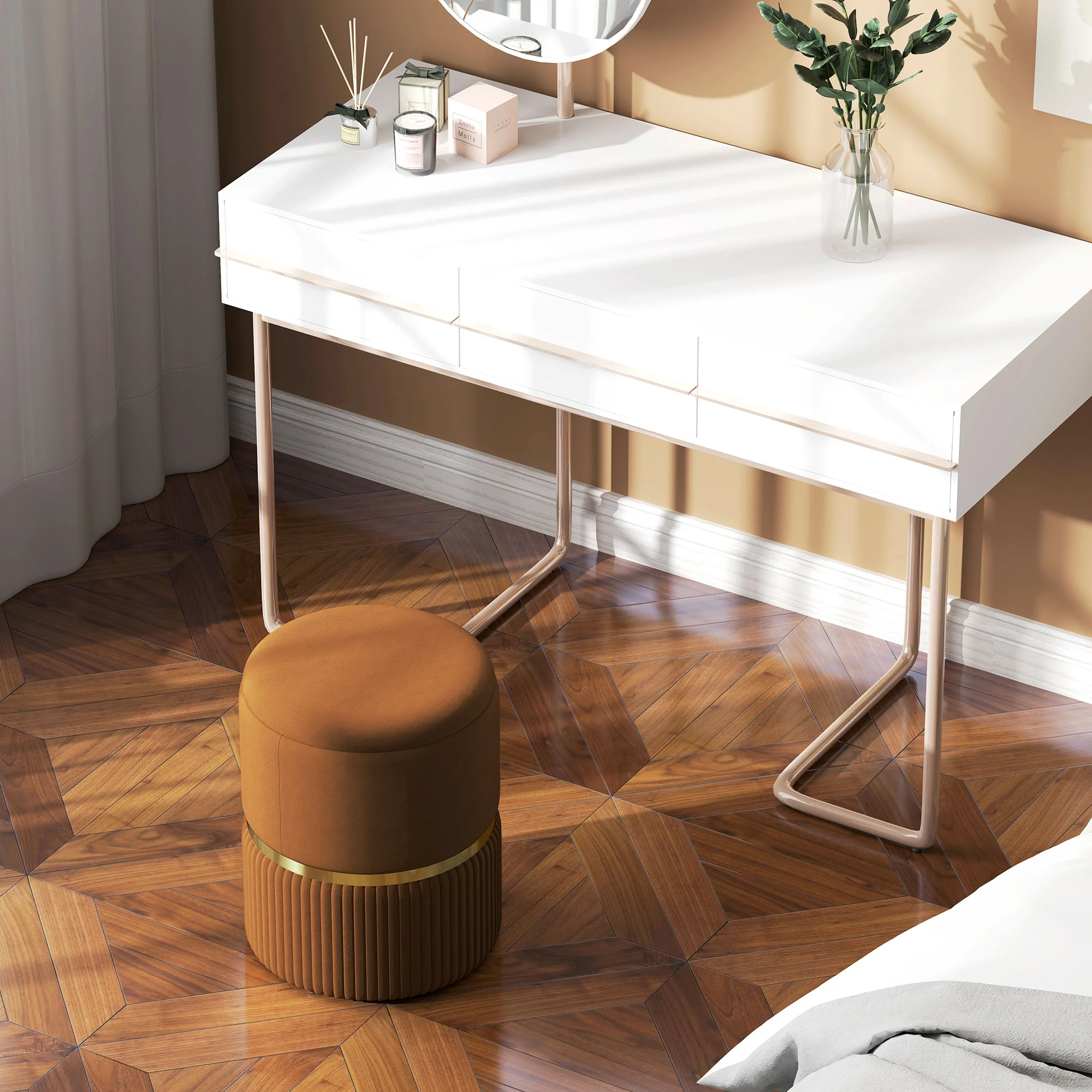 Round Velvet-feel Fabric Storage Foot Stool with Padded Seat & Hidden Space, Light Brown - Image 10