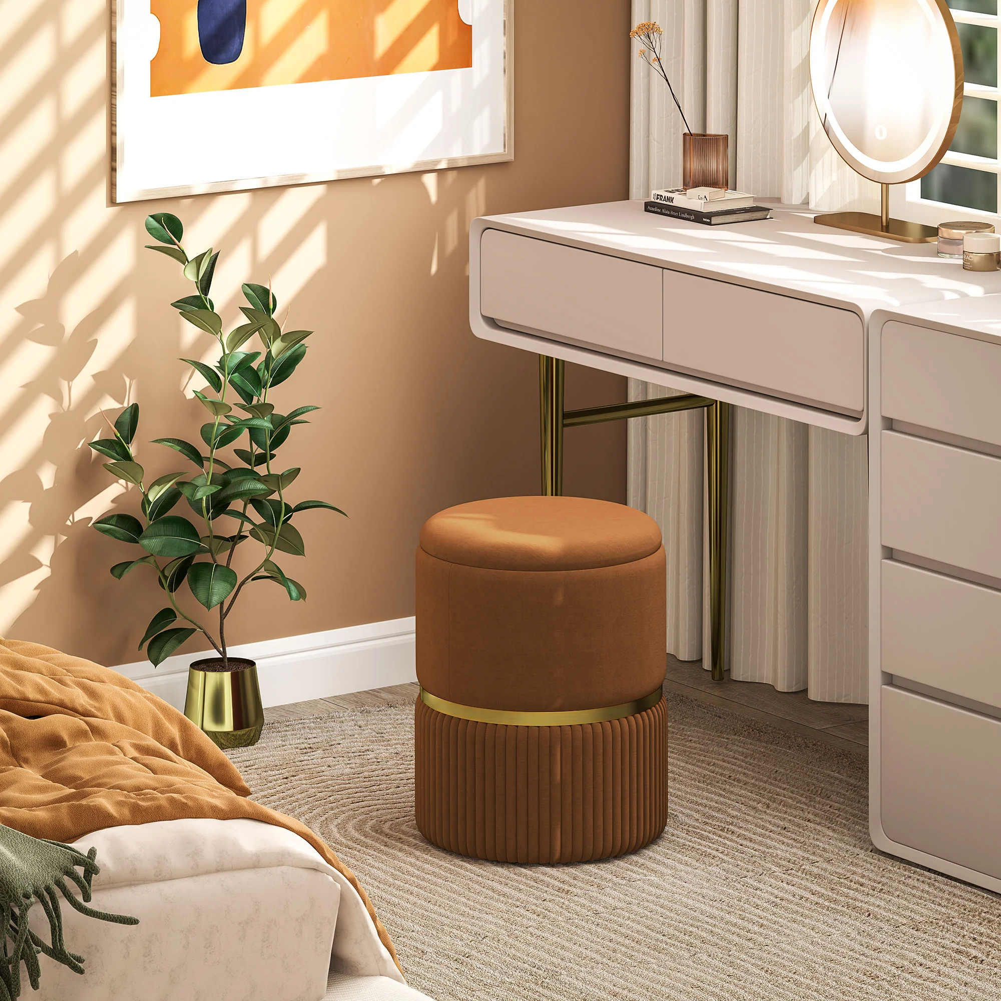 Round Velvet-feel Fabric Storage Foot Stool with Padded Seat & Hidden Space, Light Brown - Image 3