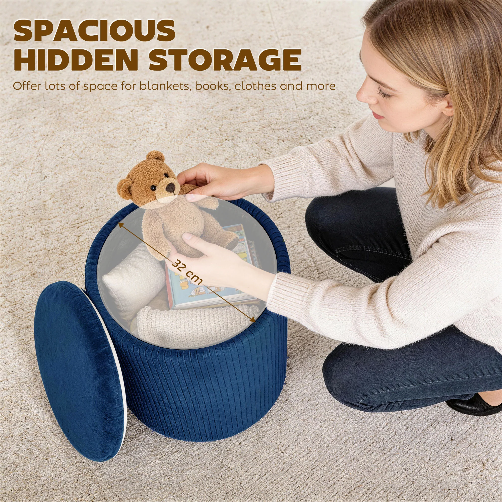Round Storage Ottoman, Velvet-feel Fabric Upholstered Foot Stool with Removable Top, Padded Seat and Hidden Space for Living Room, Bedroom, Blue - Image 7
